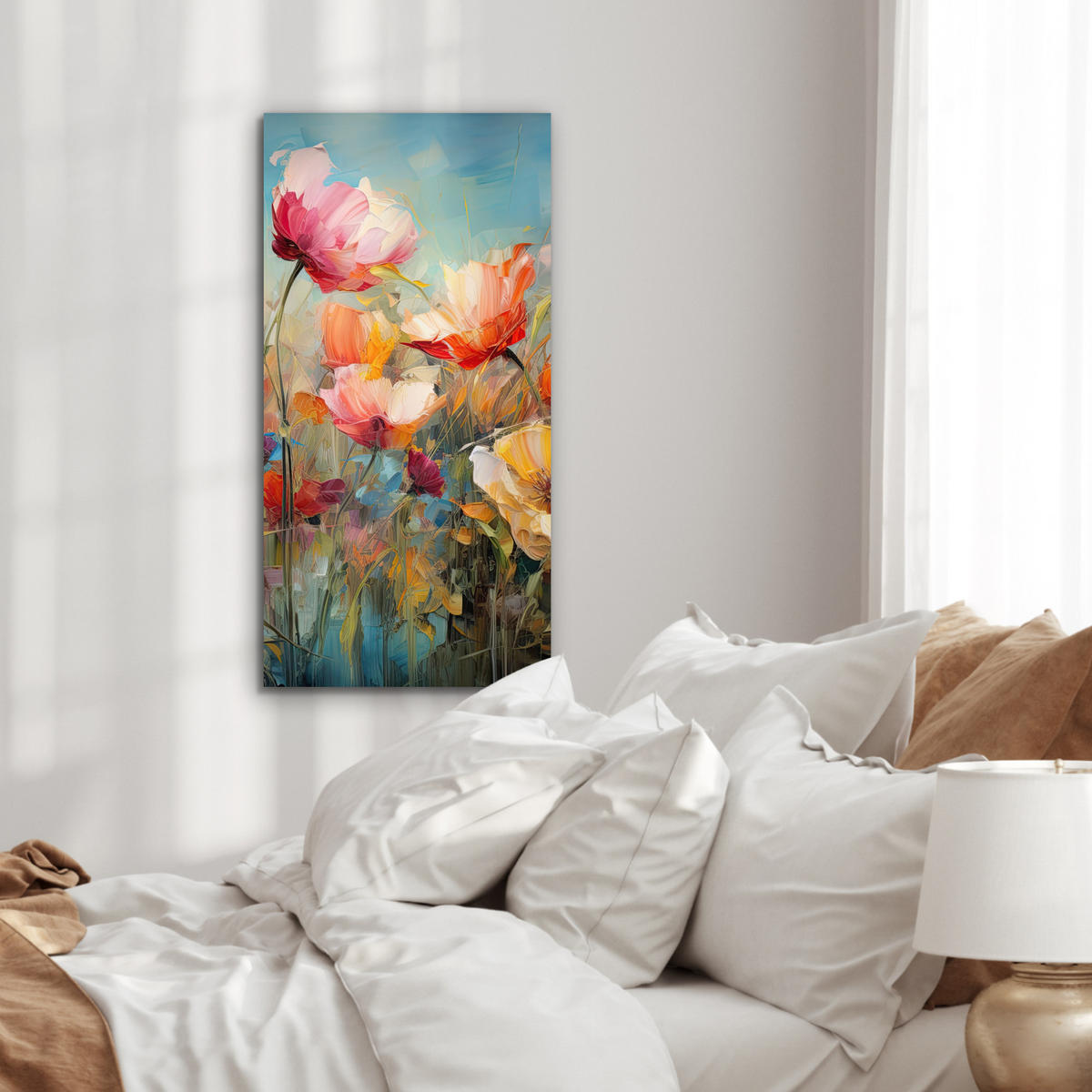 METALLBILD Blumen - Aquarell - Kunst - Botanisch - Natur 40x80 cm - Orange, Metall (40/80cm) - MuchoWow
