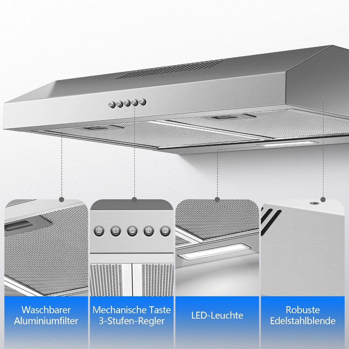 DUNSTABZUGSHAUBE -UNTERBAU-ENERGIEEFFIZIENZKLASSE A+, Edelstahl, 3 Stufen, LED-BELEUCHTUNG, für Küchen, 60/15/50 cm - Silberfarben, Metall (14.02/49/64cm) - Rolipo