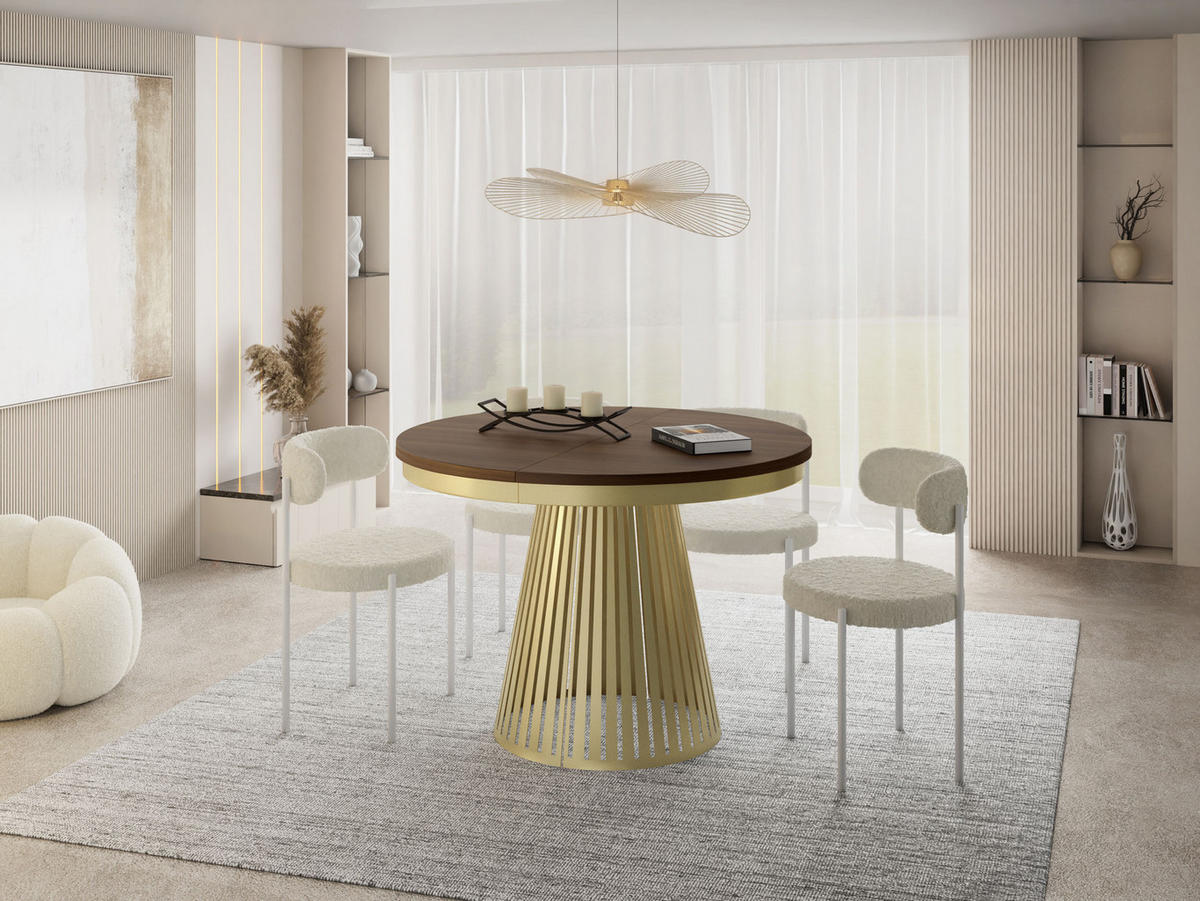 ESSTISCH Naro rund ausziehbar mit Goldem Lamellen-Metallgestell, Walnuss Braun 100-180/100/76 cm - Goldfarben/Walnussfarben, Holzwerkstoff/Metall (100/100/76cm) - WFL GROUP