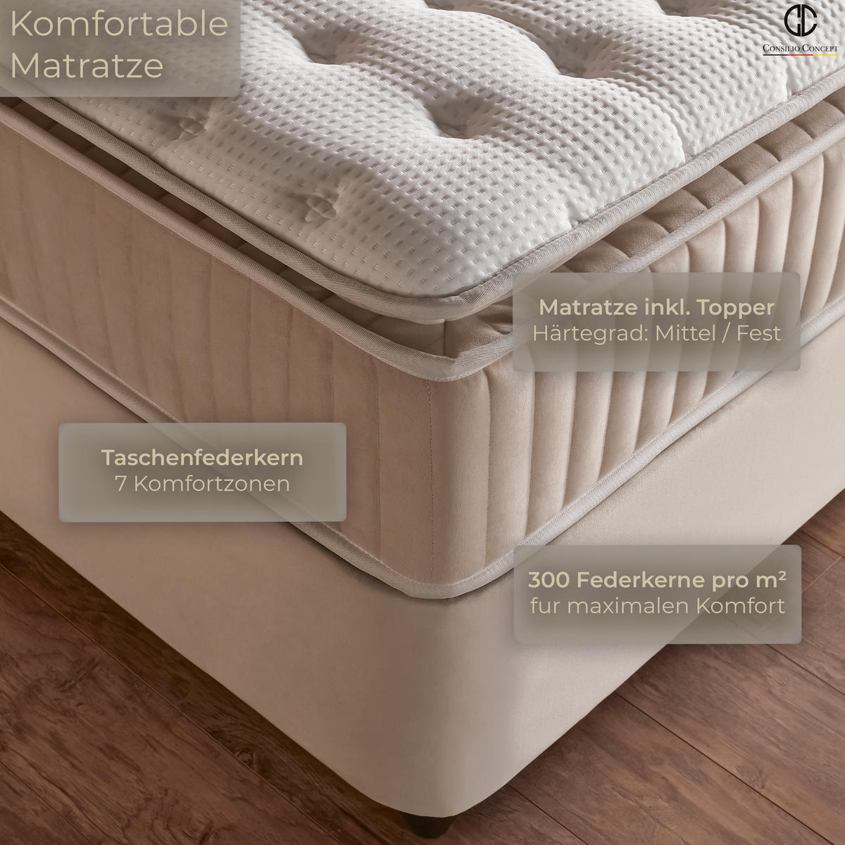BOXSPRINGBETT MIT BETTKASTEN SIENA 140/200 cm, Beige, Bettkasten, Matratze, Topper integriert, H3 mittel, 7-Zonen Matratze - Beige/Schwarz, Holz/Kunststoff (140/200cm) - Consilio Concept