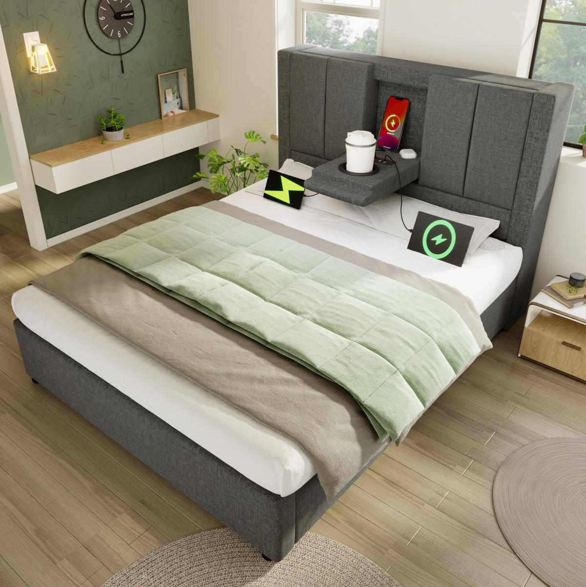 POLSTERBETT 90/200 cm Grau aus Leinen mit Stauraum und USB- und Type-C-Anschlüssen - Grau, Textil (90/200cm) - Flora Grace