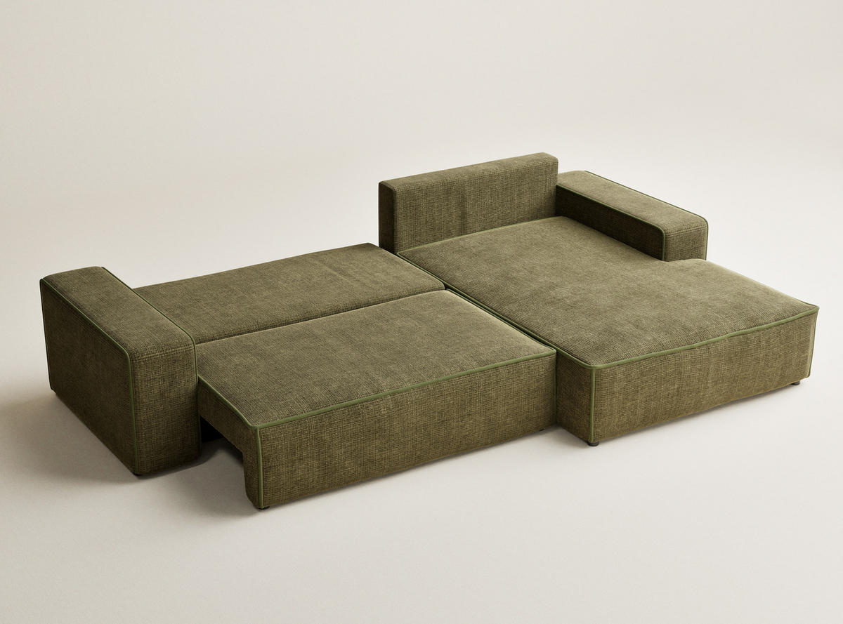 ECKSOFA MIT SCHLAFFUNKTION Modo Hellblau Chenille-Stoff - Rechts Seite - Schwarz/Olivgrün, Holz/Holzwerkstoff (294/185cm) - Maison de Reve