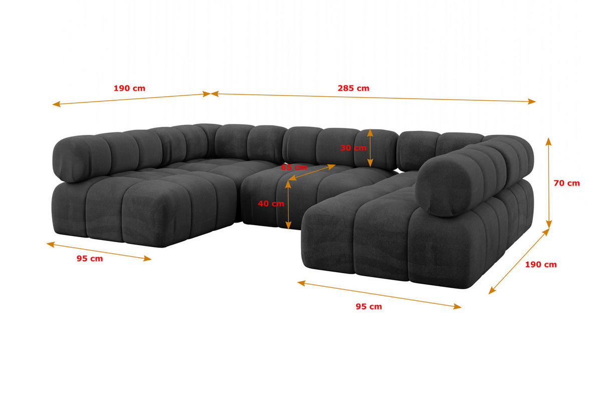 WOHNLANDSCHAFT modulares Sofa Garvo-U1 - 285x190x70 cm Schwarz Velours - Schwarz, Holzwerkstoff/Textil (285/70/190cm) - ALTDECOR