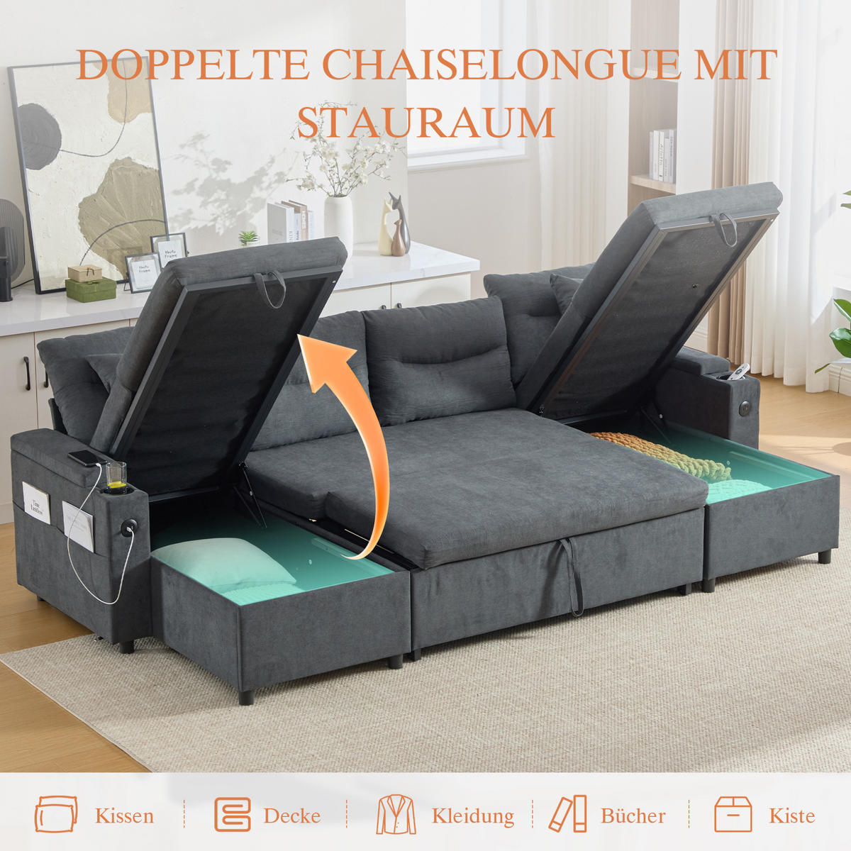 WOHNLANDSCHAFT 272/136/86 cm in Dunkelgrau mit Stauraum, Getränkehaltern und USB- und Type-C-Anschluss - Dunkelgrau, Textil (136/86/272cm) - Flora Grace