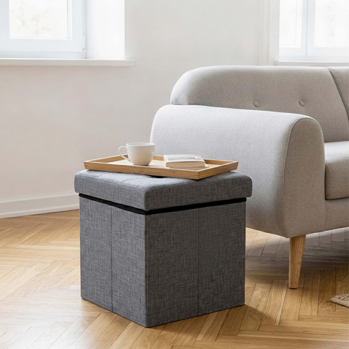 TABURET Tmavosivý skladací s úložným priestorom - antracitová, kompozitné drevo/textil (38/38/38cm) - Relaxdays