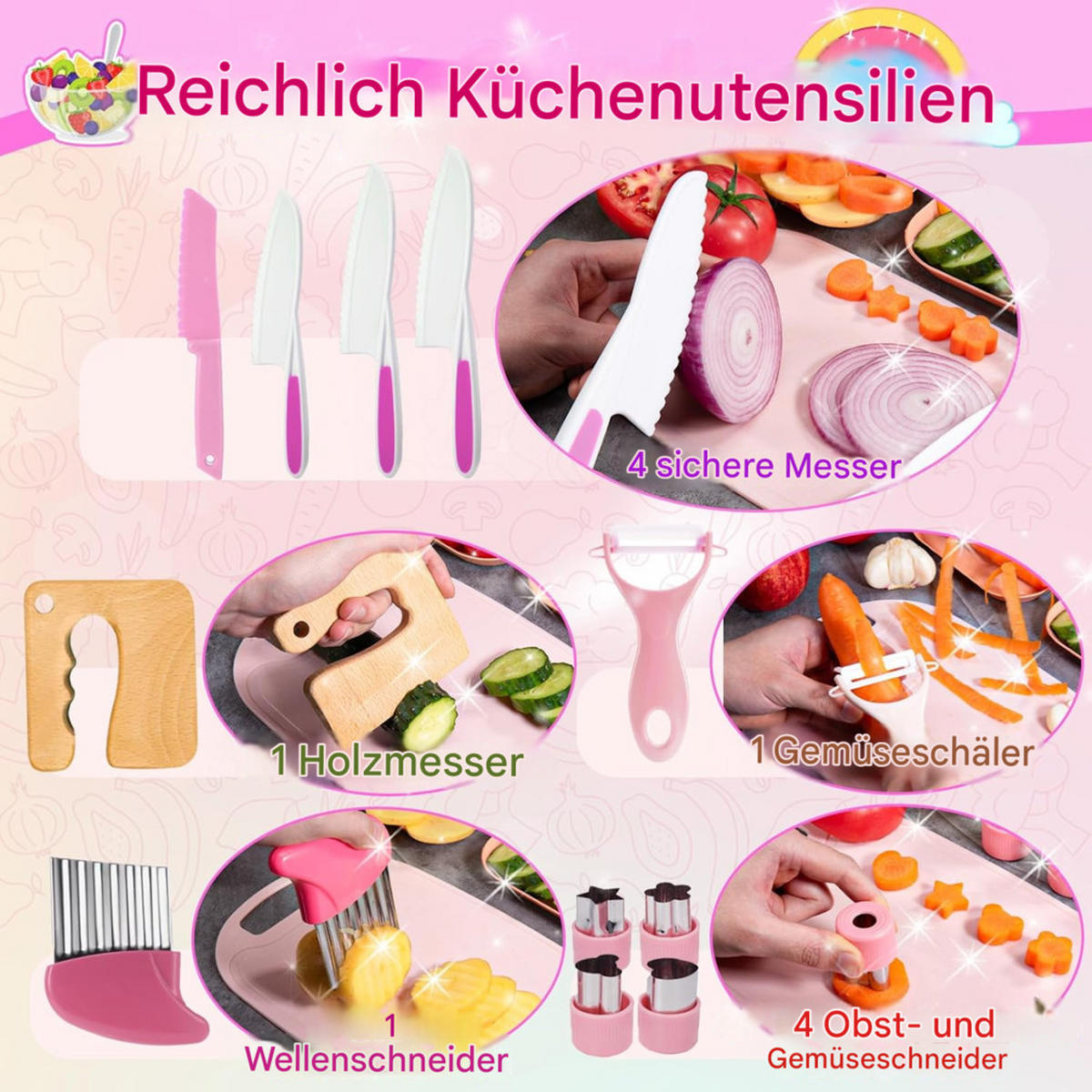 KINDERKÜCHE Messerset, Montessori Werkzeuge, mit Korb Aufbewahrung - Pink, Kunststoff (21/31/4cm) - Authentics