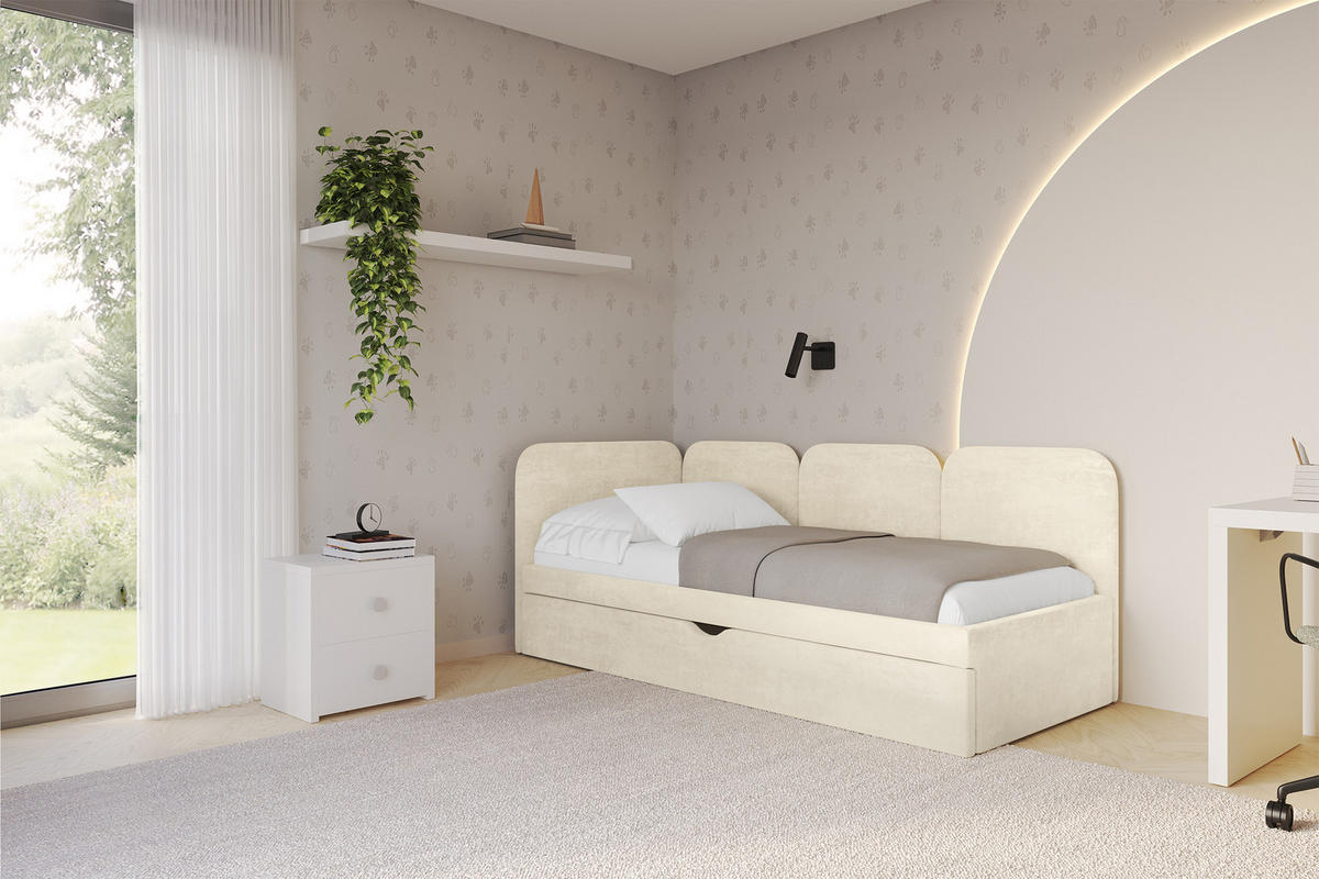EINZELLBETT Jugendbett mit Bettkasten und Matratze H3/H4, Rechts - ALVY 90x200 Beige - Naturfarben, Holzwerkstoff/Textil (90/200cm) - ALTDECOR