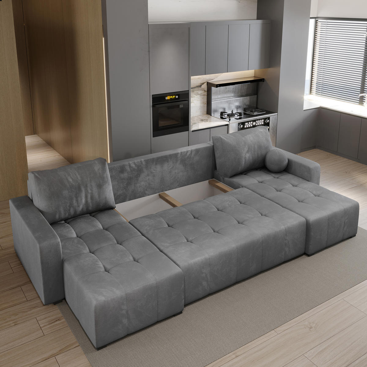 WOHNLANDSCHAFT TOLARI Grau Plüsch-Stoff mit Schlaffunktion - Grau, Holz (295/85/140cm) - MASSENO