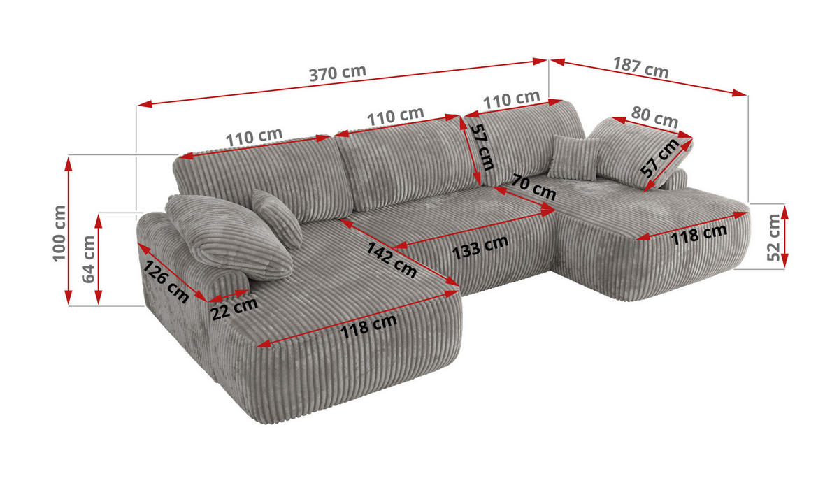 WOHNLANDSCHAFT CUBO U Grau Cord - Schwarz/Grau, Kunststoff/Textil (370/100/187cm) - MKS