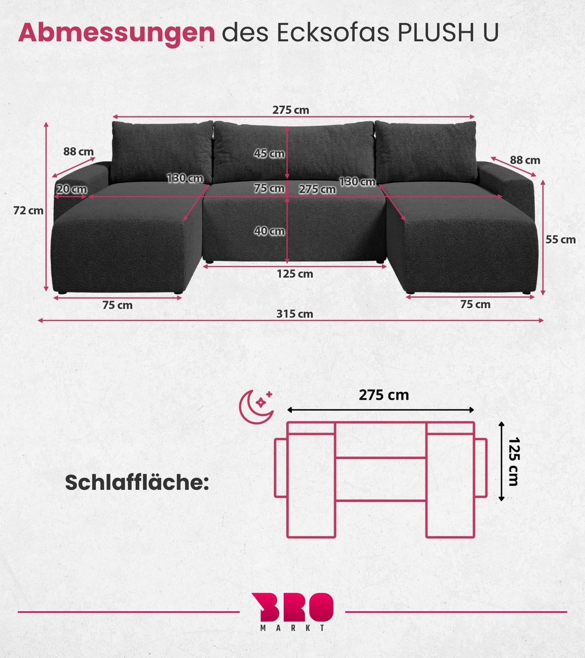 WOHNLANDSCHAFT Plush mit Schlaffunktion Anthrazit Boucle - Anthrazit, Kunststoff/Textil (315/72/145cm) - Bromarkt