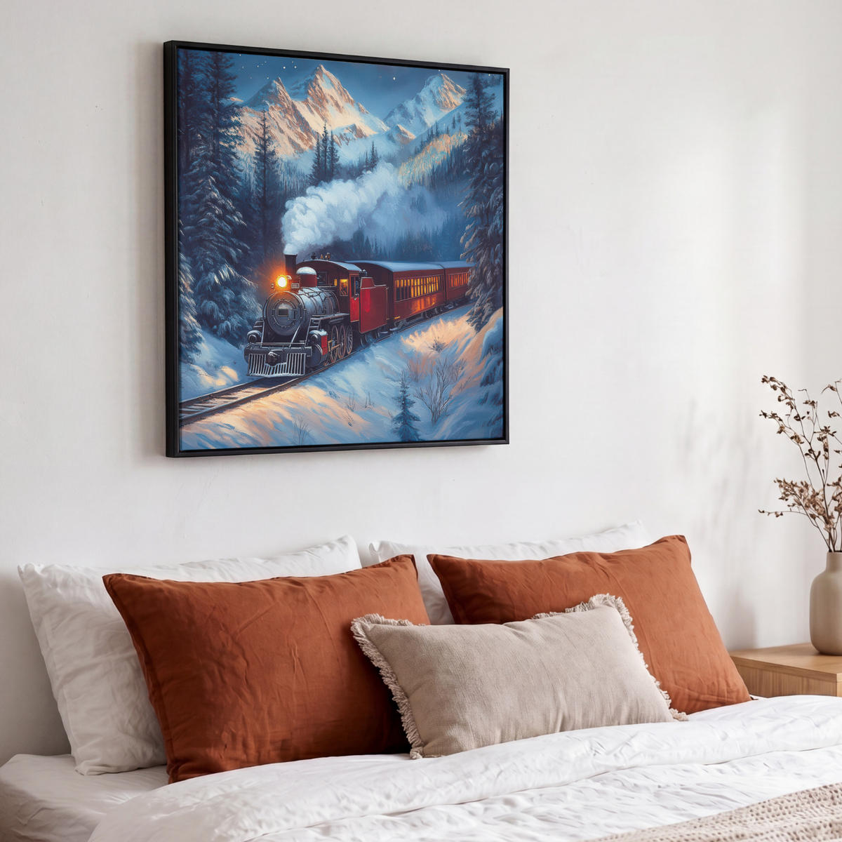 LEINWAND Bilder mit Rahmen - Zug - Weihnachten - Schnee - Weihnachtszug - 50x50 - Anthrazit, Textil (50/50cm) - MuchoWow