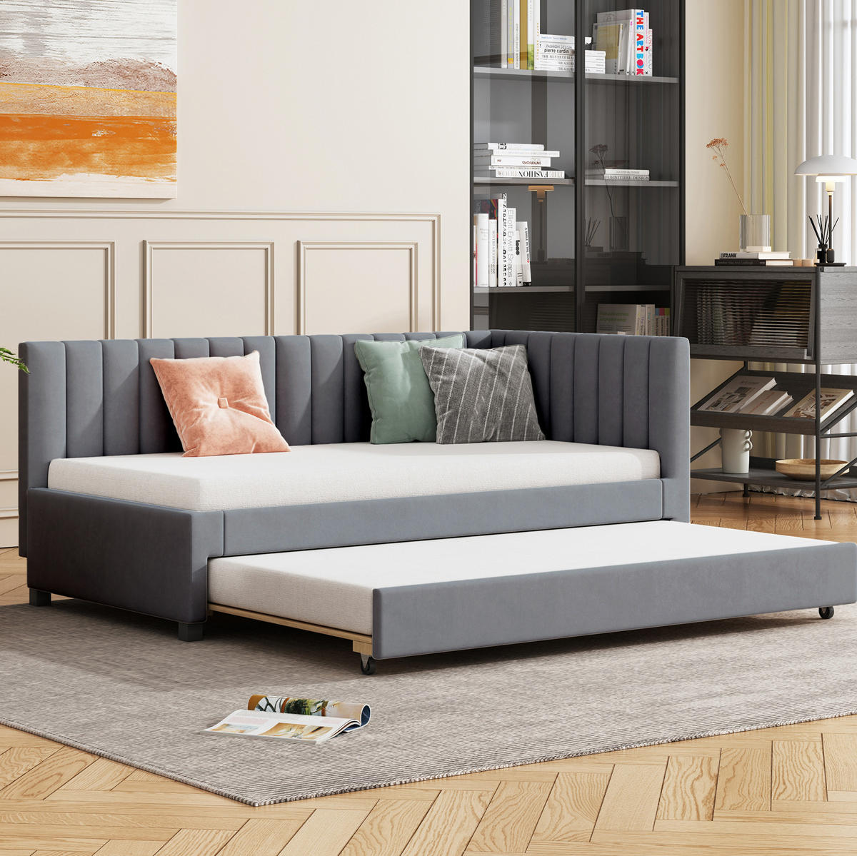 POLSTERBETT aus Samtstoff 90x200 cm Grau mit Ausziehbett, Lattenrost und gepolstertem Kopfteil - Grau, Textil (90/200cm) - Modfu