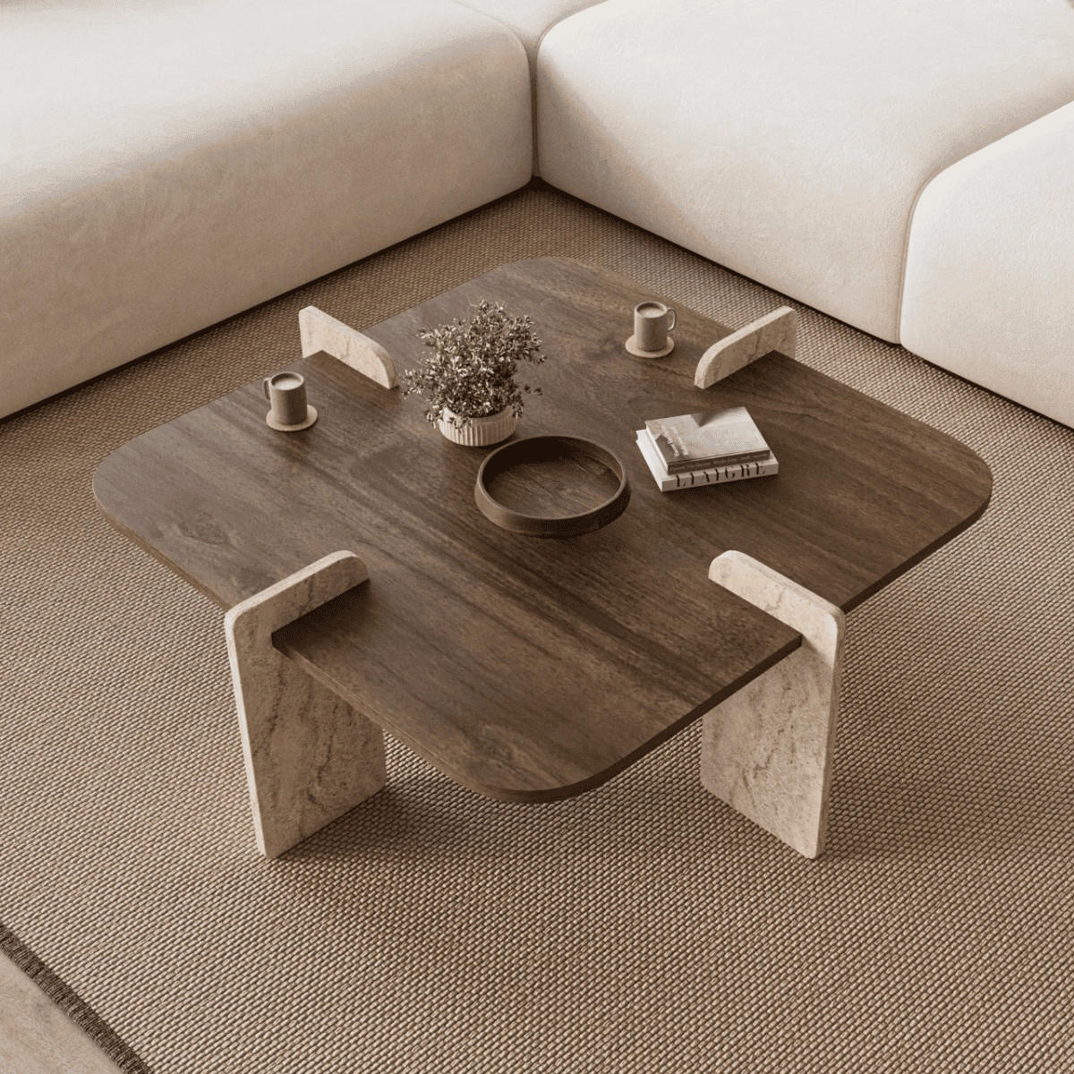 COUCHTISCH mit asymmetrischen Beinen 90/90/35 cm - Eichefarben, Holzwerkstoff (8/90/35cm) - Calicosy