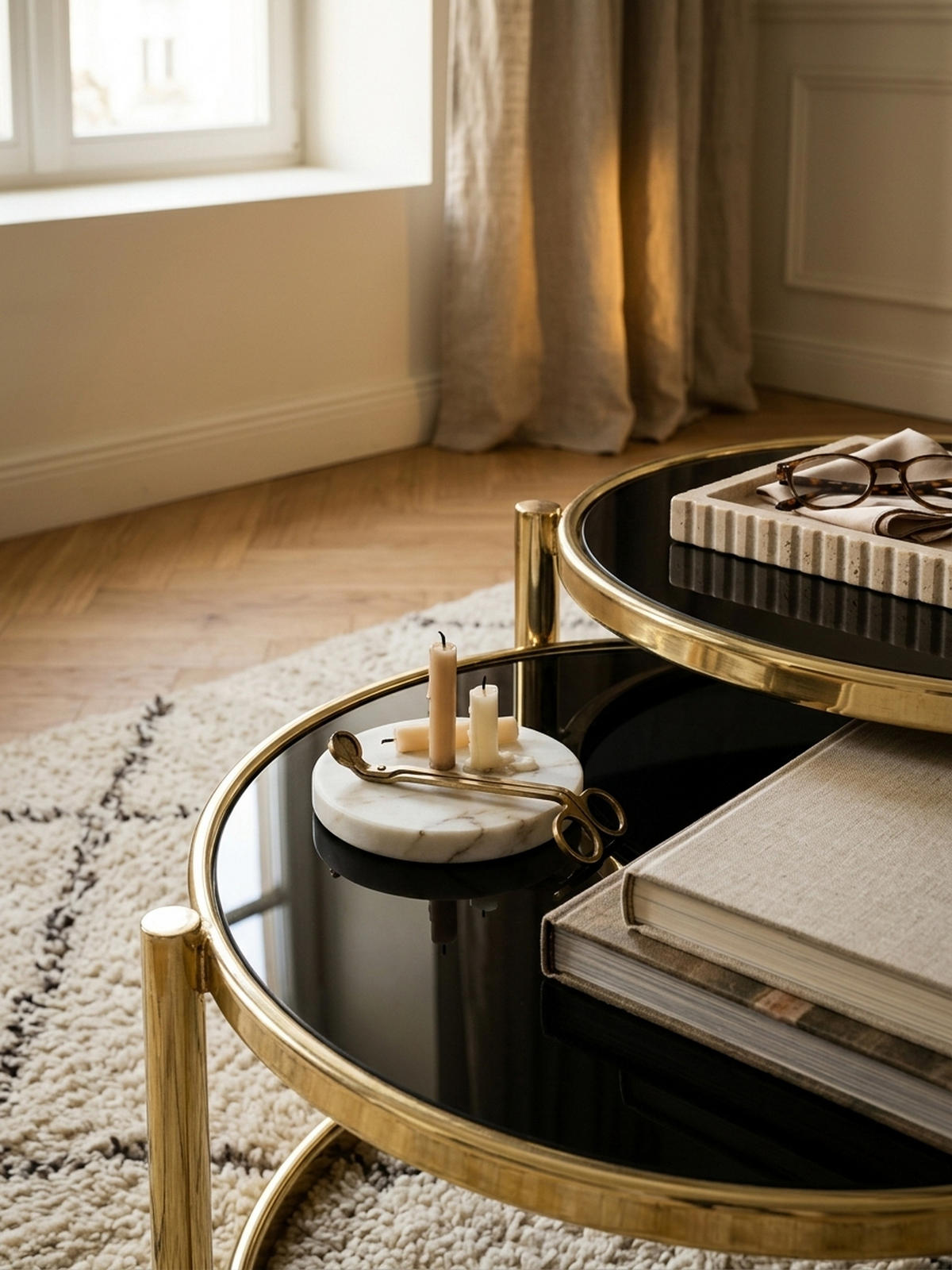 BEISTELLTISCH Glas Stahlgestell Schwenkbare Platten, Gold 58x58x43 cm - Goldfarben, Glas/Metall (58/58/43cm) - KADIMA DESIGN