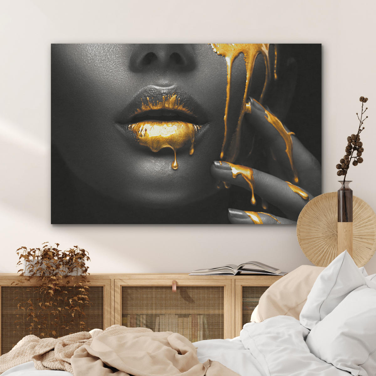 AKUSTIKBILD Frau - Schwarz - Gold - Gesicht - Lippen Akustikpaneele 90x60 cm - Goldfarben, Kunststoff (90/60/0.9cm) - MuchoWow