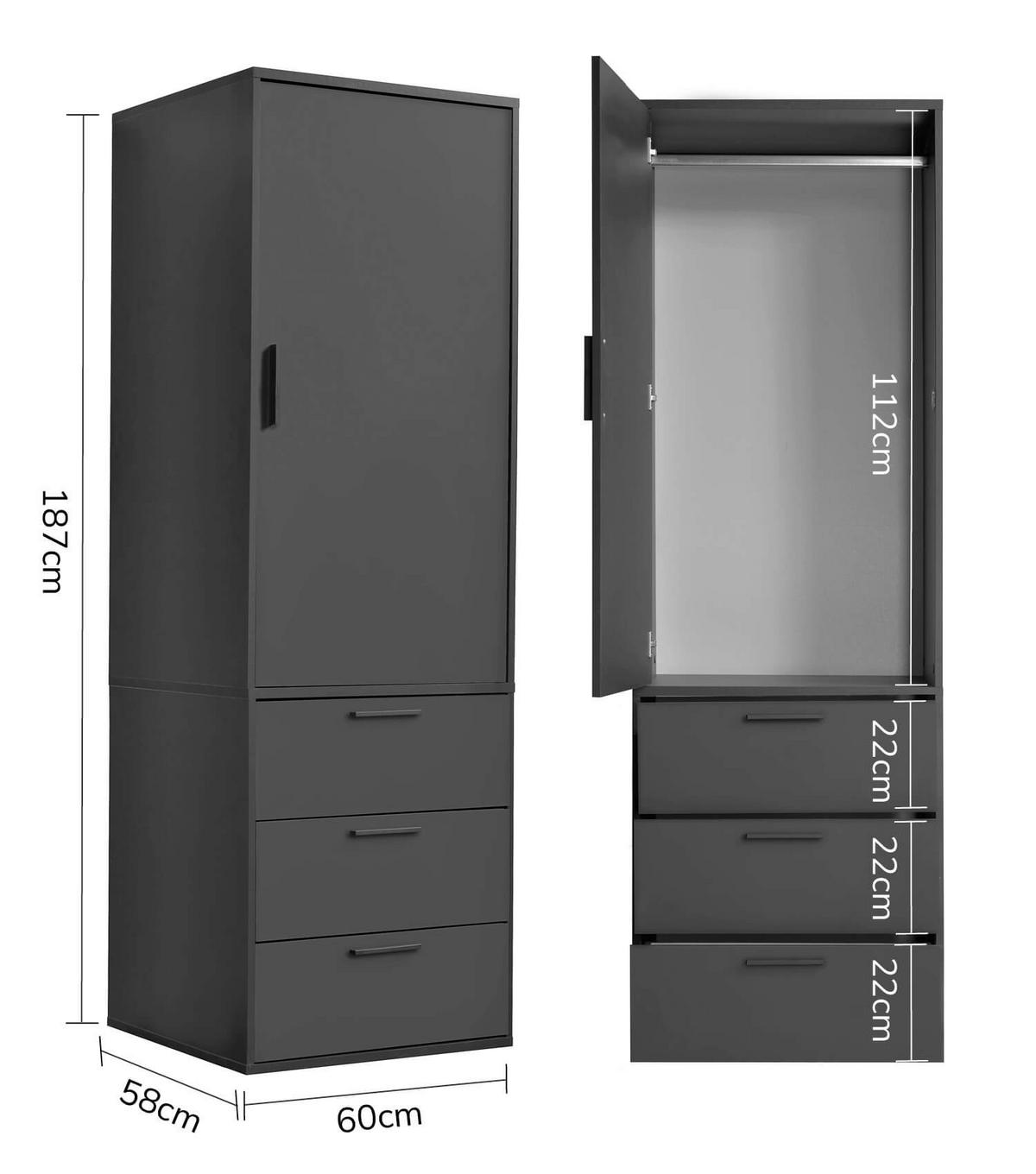 KLEIDERSCHRANK Der Grenzenlose - Anthrazit, Holzwerkstoff (60/187/58cm) - Mokebo