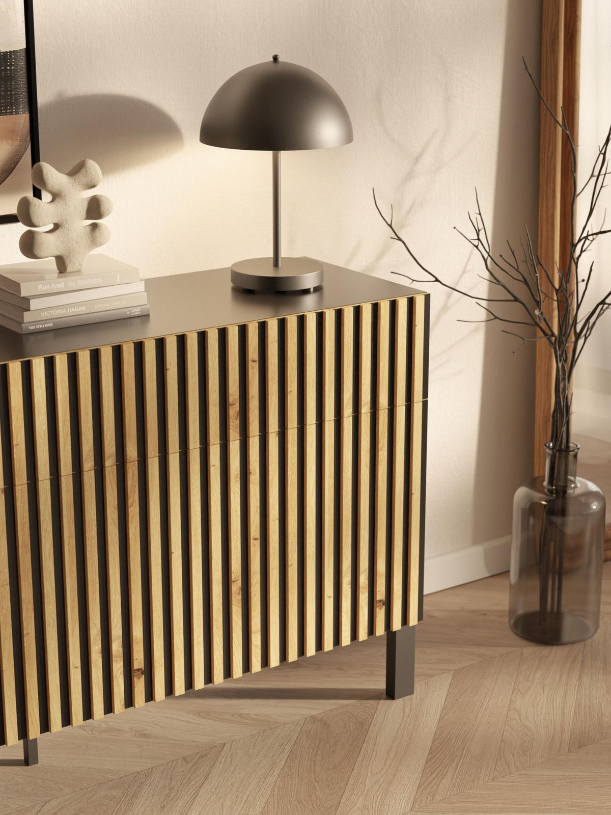 SIDEBOARD Telire 3-türig Schwarz / Artisan Eiche-Optik, 154 cm - Eichefarben/Schwarz, Holzwerkstoff/Metall (154/80.4/34cm) - Selsey