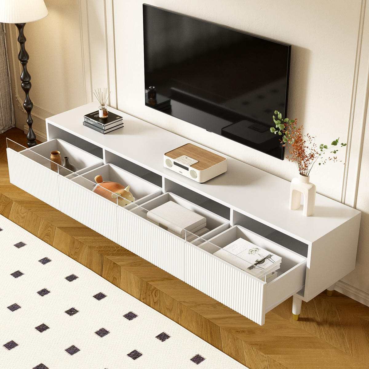 TV Lowboard 178 cm, 4 Schubladen, Holzoptik, Weiß - Weiß, Holz (178/45/35cm)