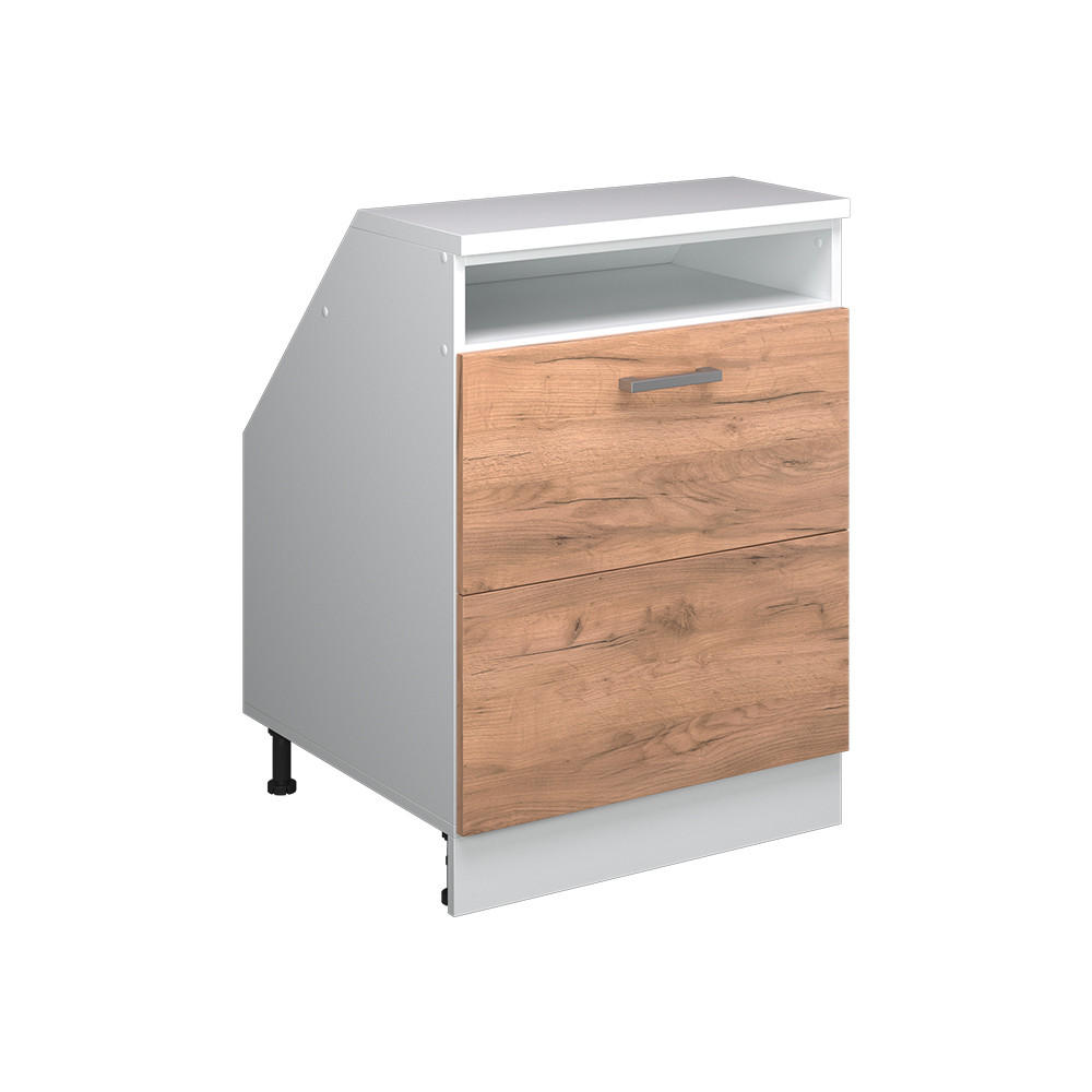 KÖKSSKÅP FÖR SLUTTANDE TAK R-Line Goldkraft ek 60 cm med 2 lådor, skåpstomme 60 cm djup Honungsek, Vit 83.8/60/60 cm