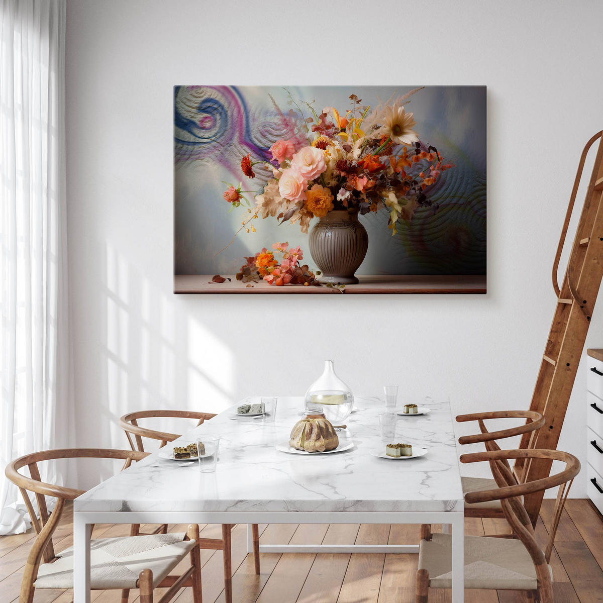 LEINWANDBILD für Wohnzimmer Ornamenten Blumenstrauß in Vase 30cm x 20cm - Blau/Beige, Textil (30/20cm) - Muralo