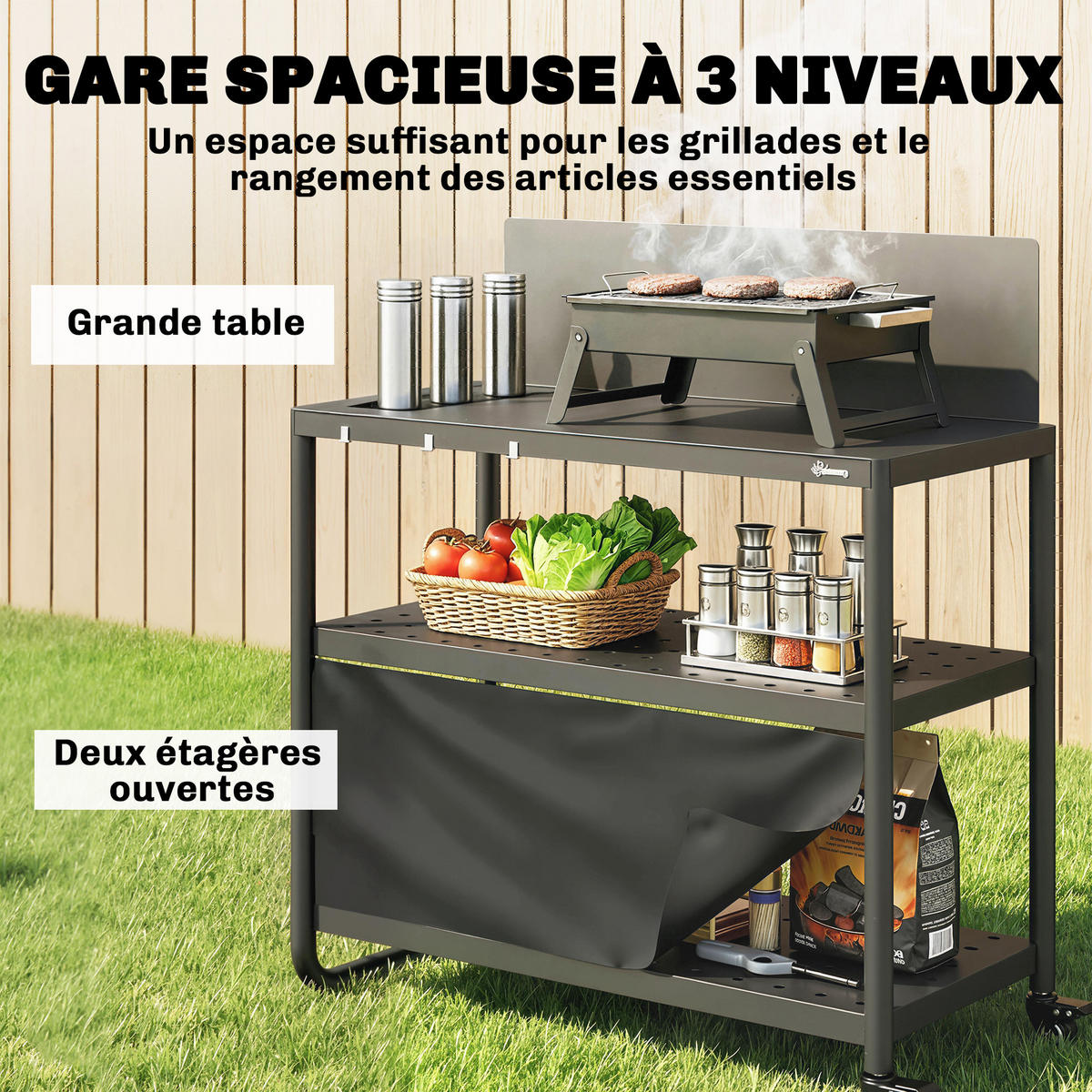 GRILLWAGEN DE-13848 3 Ebenen mit Windschutz & Schutzplane Schwarz - Schwarz, Metall (46/110/107cm) - ComfortXL