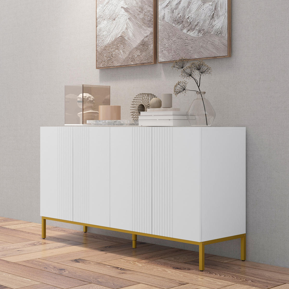 SIDEBOARD DE-11091 Grafisches Design mit 2 Türen Weiß/Gold - Weiß, Holzwerkstoff (140/75/40cm) - ComfortXL