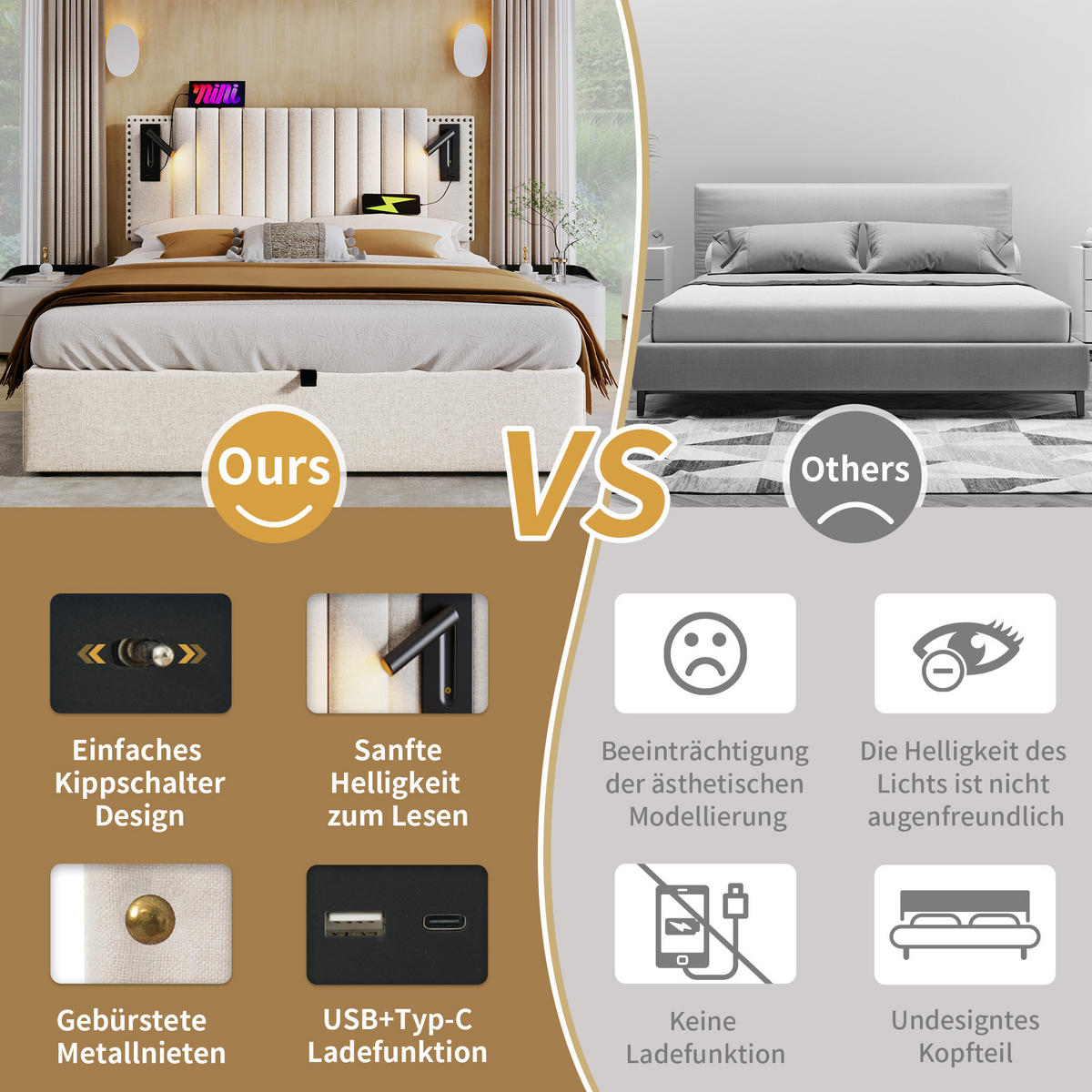 POLSTERBETT 180/200 cm Beige mit Bettkasten und USB Ladefunktion Kopfteil - Beige, Textil (180/200cm) - Oxeza