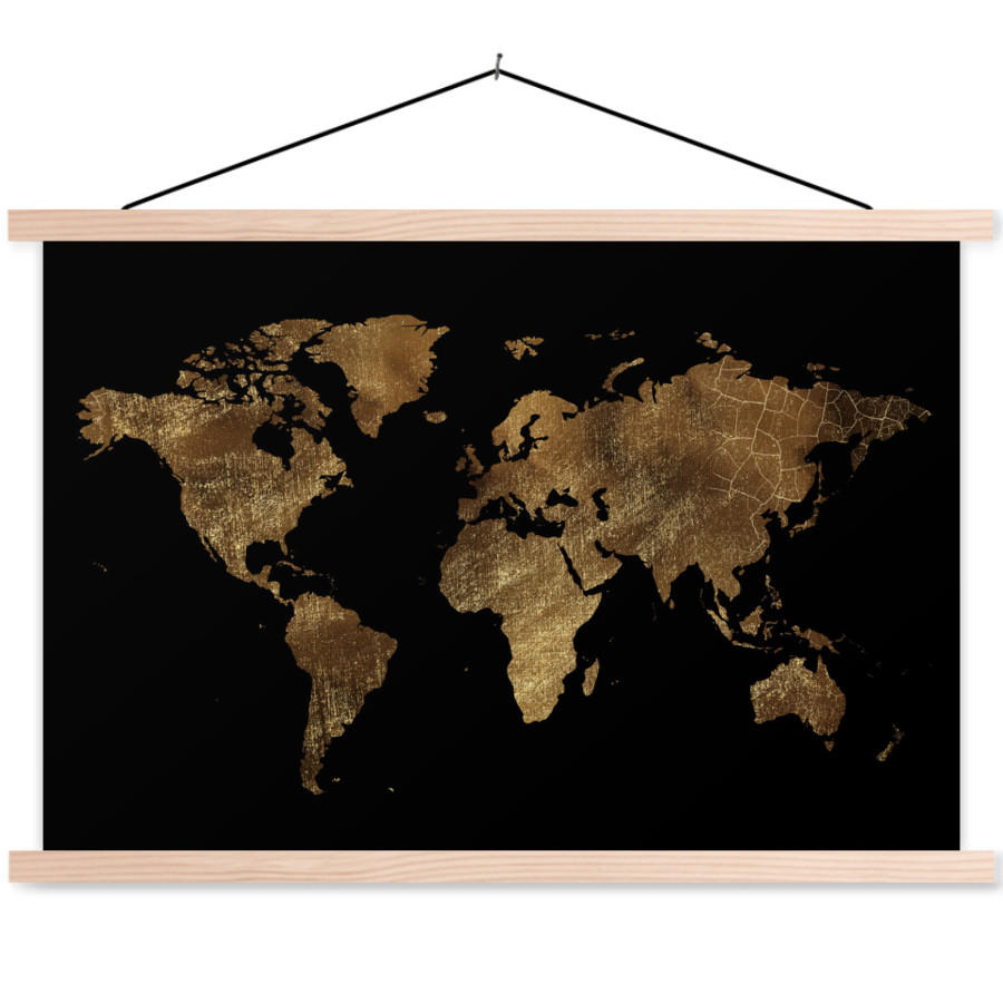 MuchoWow PLAKÁT S MAGNETICKOU LIŠTOU Mapa světa - Zlatá - Luxusní - Země - Černá 60x40 cm