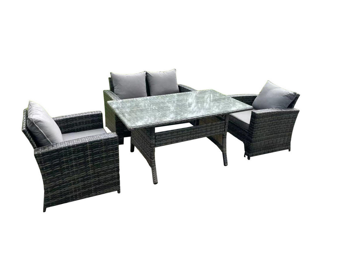 GARTENMÖBELGARNITUR Polyrattan Dunkelgrau 4-Sitzer - Dunkelgrau/Grau, Glas/Kunststoff - Fimous