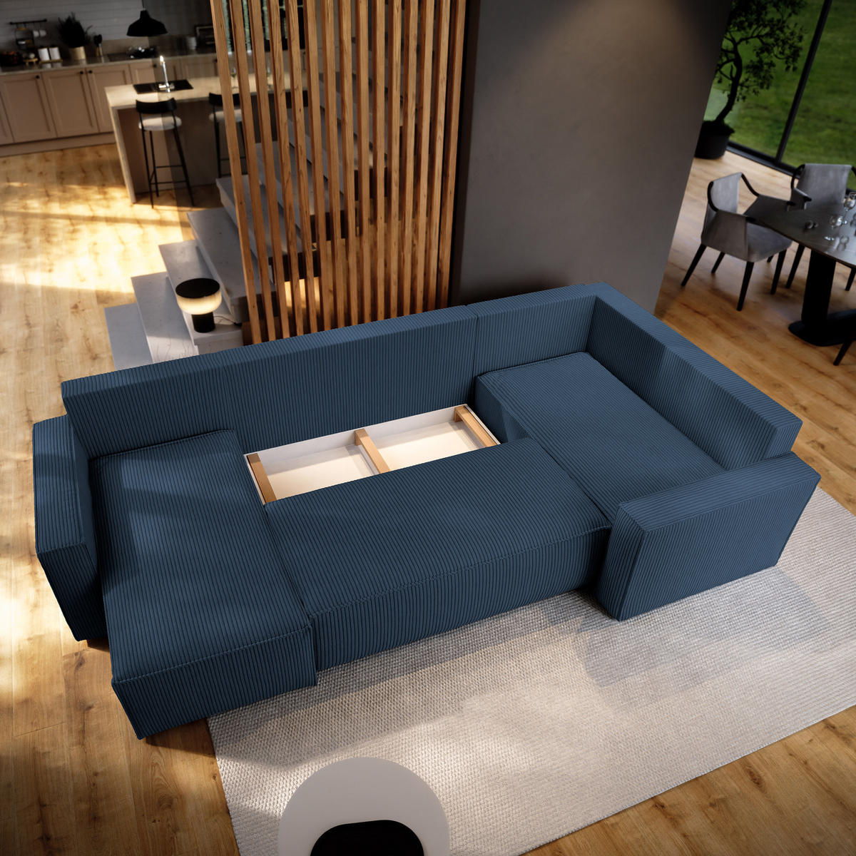 WOHNLANDSCHAFT NORENA R-S Blau Kordstoff mit Schlaffunktion - Blau, Holz (295/85/157.5cm) - MASSENO