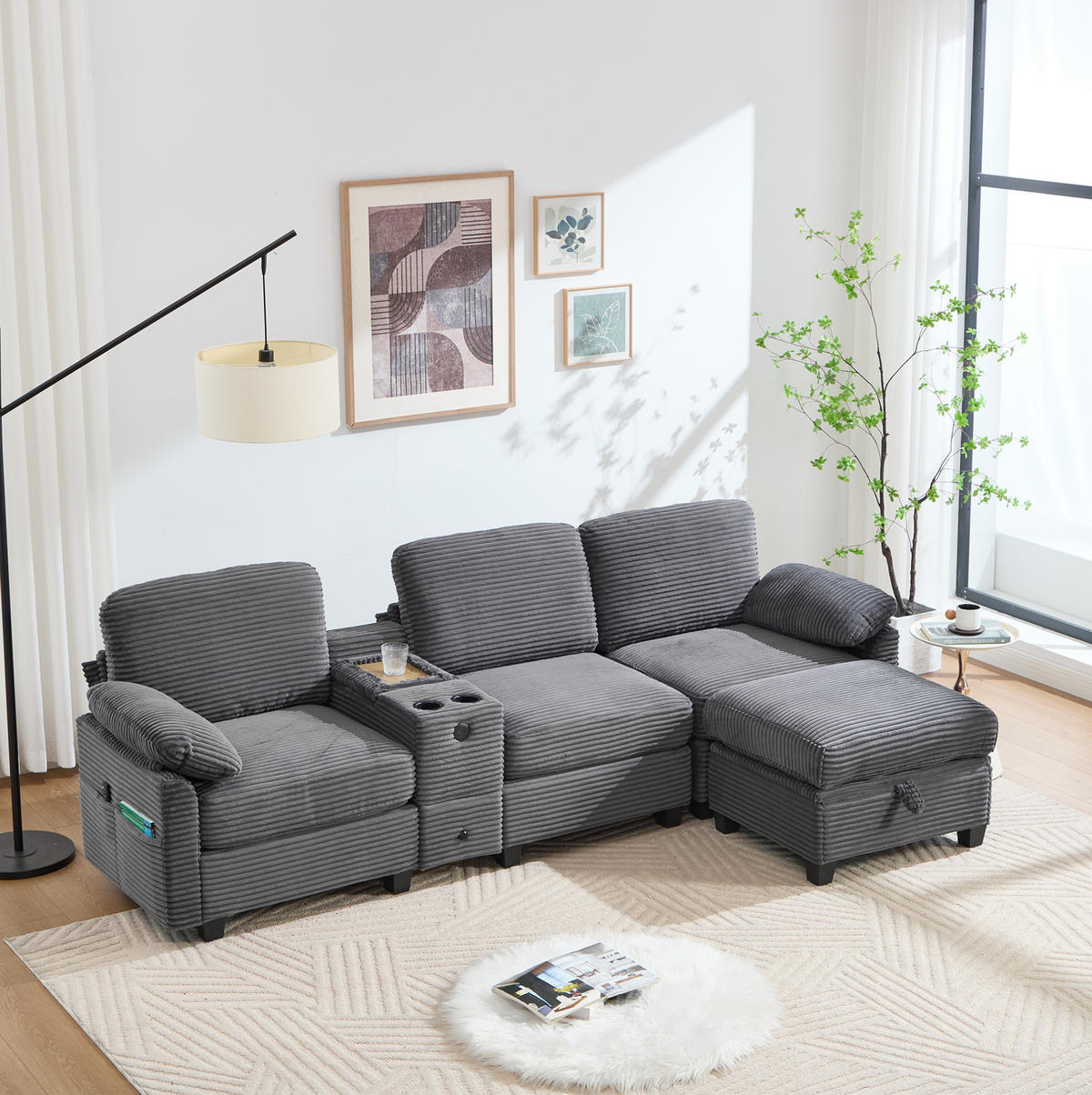 ECKSOFA L-Form mit beweglicher Mittelkonsole USB-C-Dunkelgrau 266/136/82 cm - Dunkelgrau, Textil (266/136cm) - OKWISH