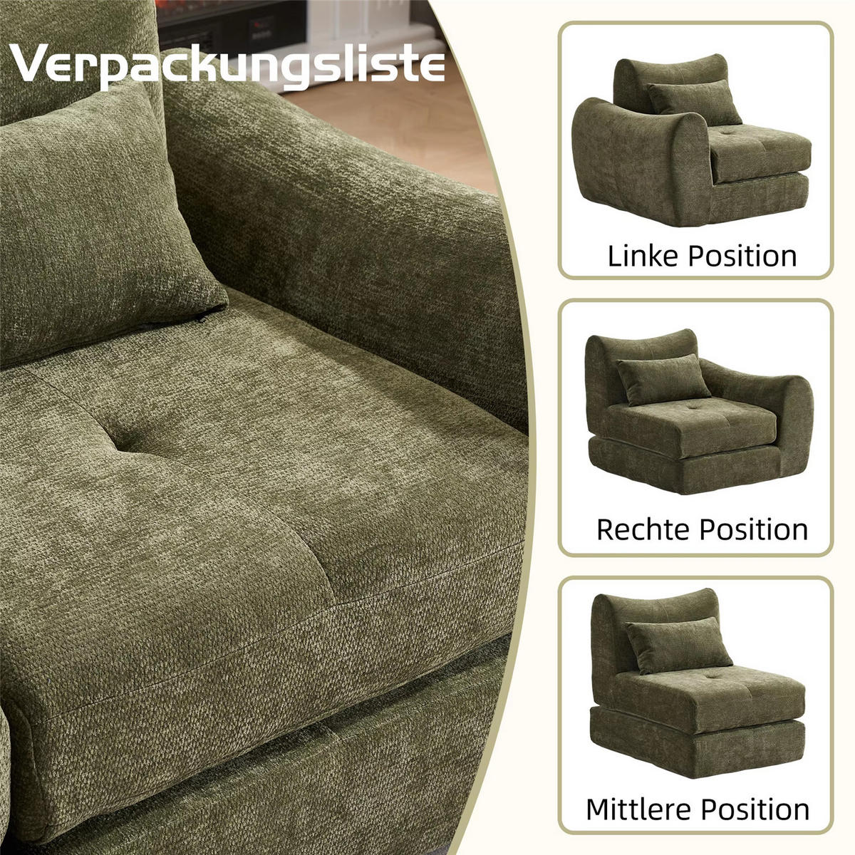 SCHLAFSOFA 3-Sitzer Chenille, Modernes Lounge Sofa ohne Aufbau, Grün - Grün, Textil (262/78/97cm) - Kaket