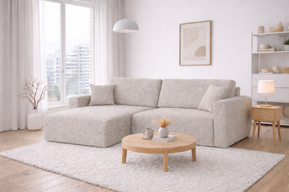 ECKSOFA Mit Schlaffunktion, Ariel XL, Chenille-Stoff, Stoff Artico, Beige, Links - Beige, Holz (280/142cm) - Kaiser Möbel