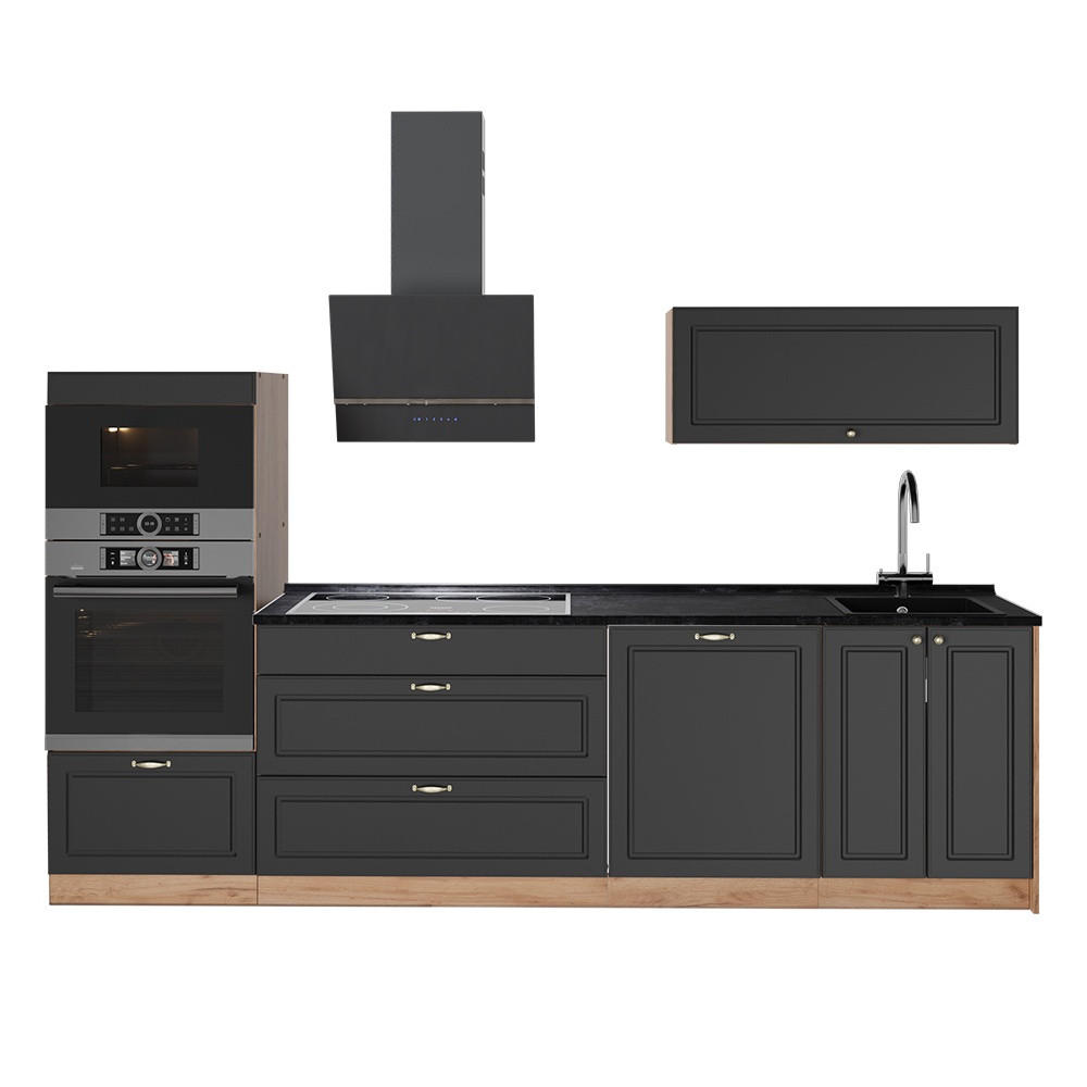 KÜCHENZEILE Fame-Line, Anthrazit-Gold Landhaus/Goldkraft Eiche, 280 cm ohne Arbeitsplatte - Honigeiche/Anthrazit, Holzwerkstoff (280/153.6/51.6cm) - Vicco