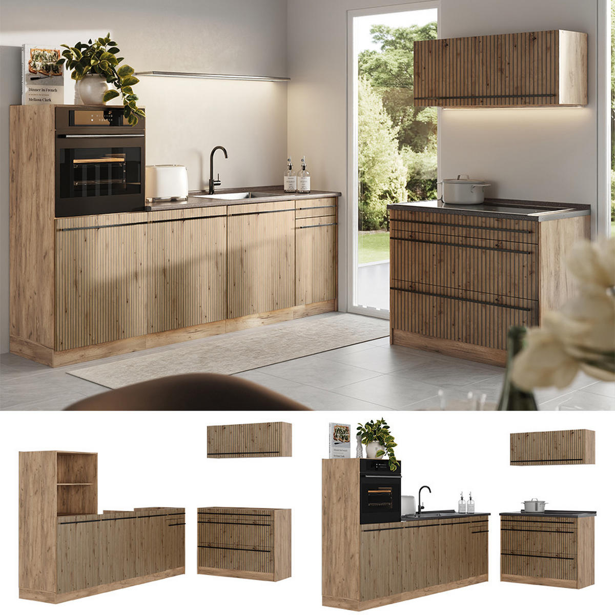 KUCHYNSKÝ KÚT R-Line, Remeselný dub/Dub Goldkraft, 220 cm Marmori työtaso - dub medový/dub artisan, kompozitné drevo (220/143/60cm) - Vicco