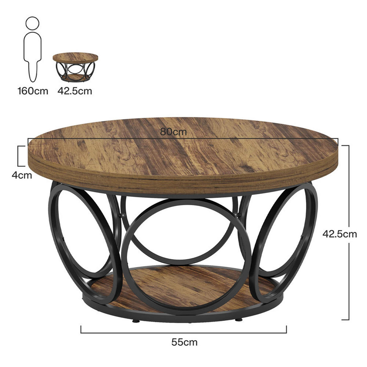 COUCHTISCH rund 80/80/42.5 cm 2 Ebenen Holz Stauraum modern - Braun, Holz (80/80/42.5cm) - Kaket