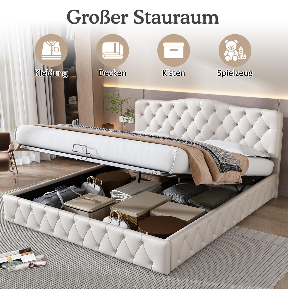 POLSTERBETT 140/200 cm aus Leinen mit verstellbarem Kopfteil und USB-C-Steckdose Grau - Grau, Textil (140/200cm) - Modenvie