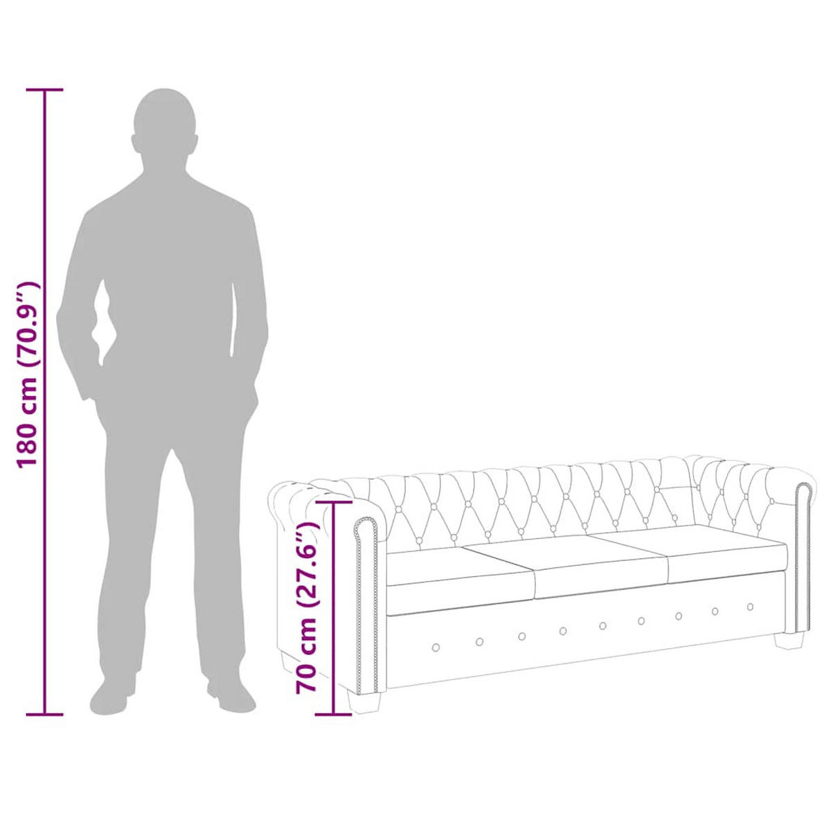 CHESTERFIELD-SOFA 3-Sitzer Kunstleder Braun - Braun, Leder (76/70/200.5cm) - vidaXL