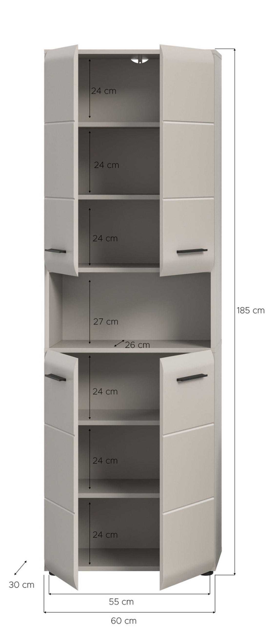 HOCHSCHRANK Kaschmir 60 x 185 cm, Badschrank mit viel Stauraum - Kaschmir/Schwarz, Holzwerkstoff/Kunststoff (60/185/30cm) - Inn.Furn