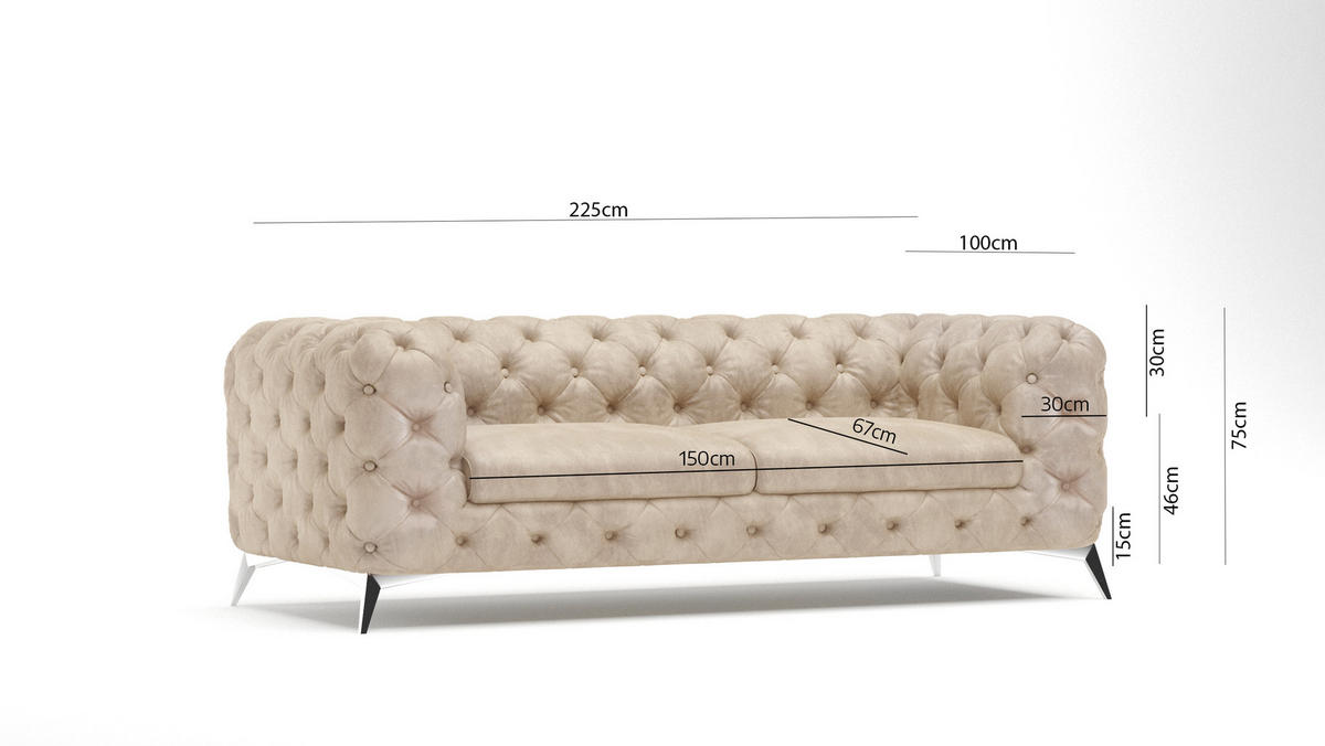CHESTERFIELD-SOFA 3-Sitzer Quantum Beige Samt - Beige/Silberfarben, Holz/Textil (225/75/100cm) - S-Style Möbel