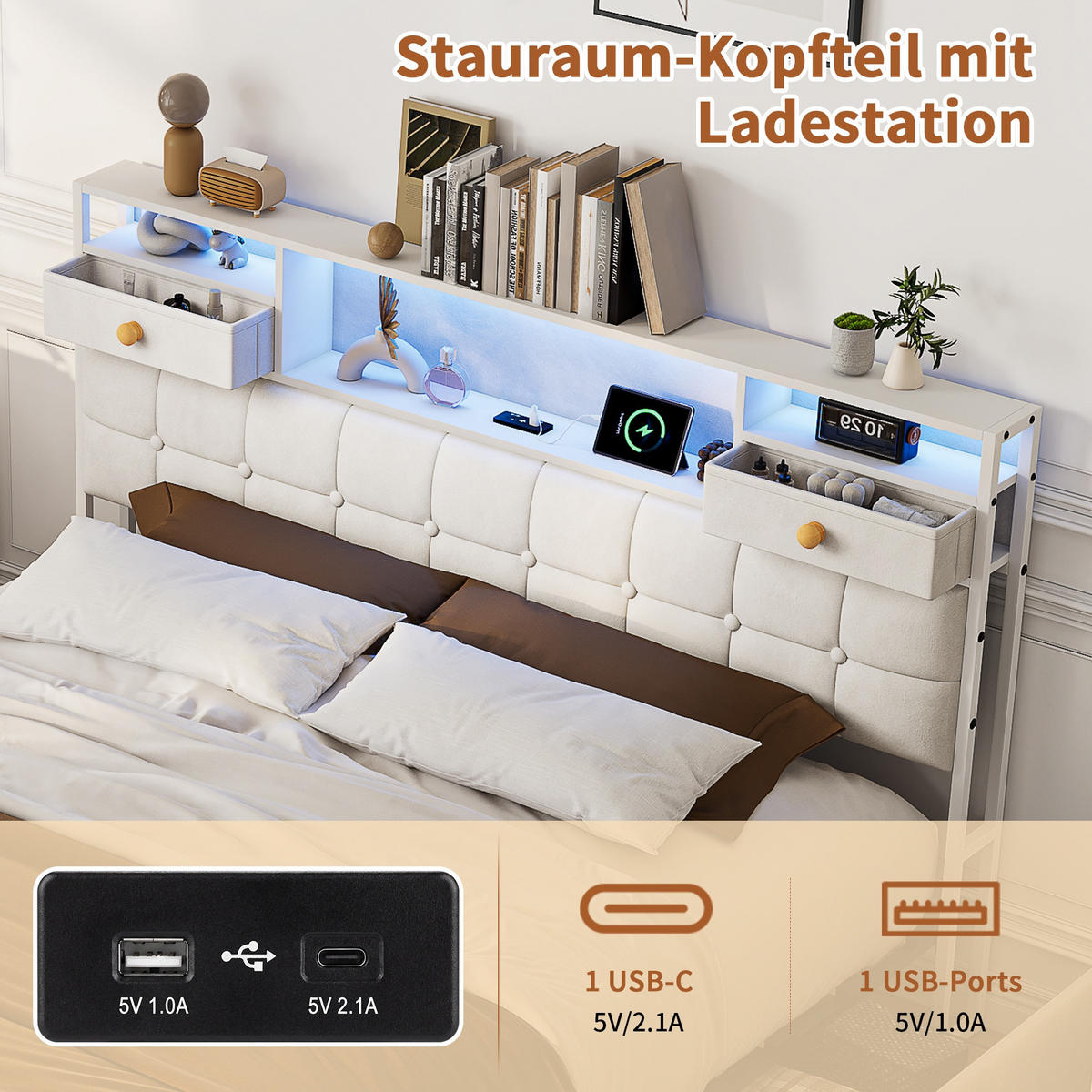STAURAUMBETT 160/200 cm aus Samt, mit 4 seitlichen Schubladen + 2 Kopfteil-Schubladen, LED und USB-Anschluss, Beige - Beige, Holzwerkstoff (140/200cm) - Brevoria