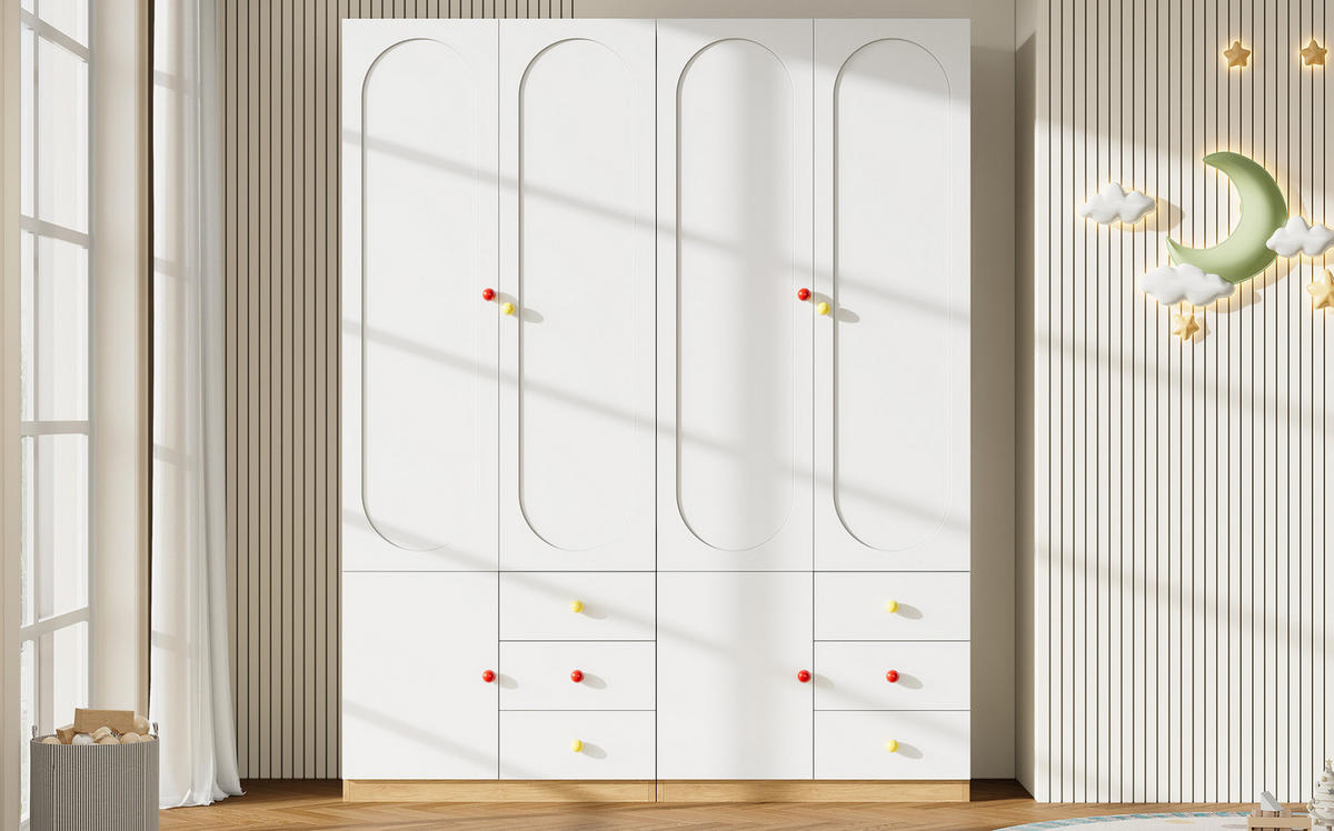 KLEIDERSCHRANK aus MDF 160x45x200 cm Weiß mit 2 Türen, 3 Schubladen, Kleiderstange und Anti-Kipp-Schutz - Weiß, Holzwerkstoff (160/200/45cm) - Modfu