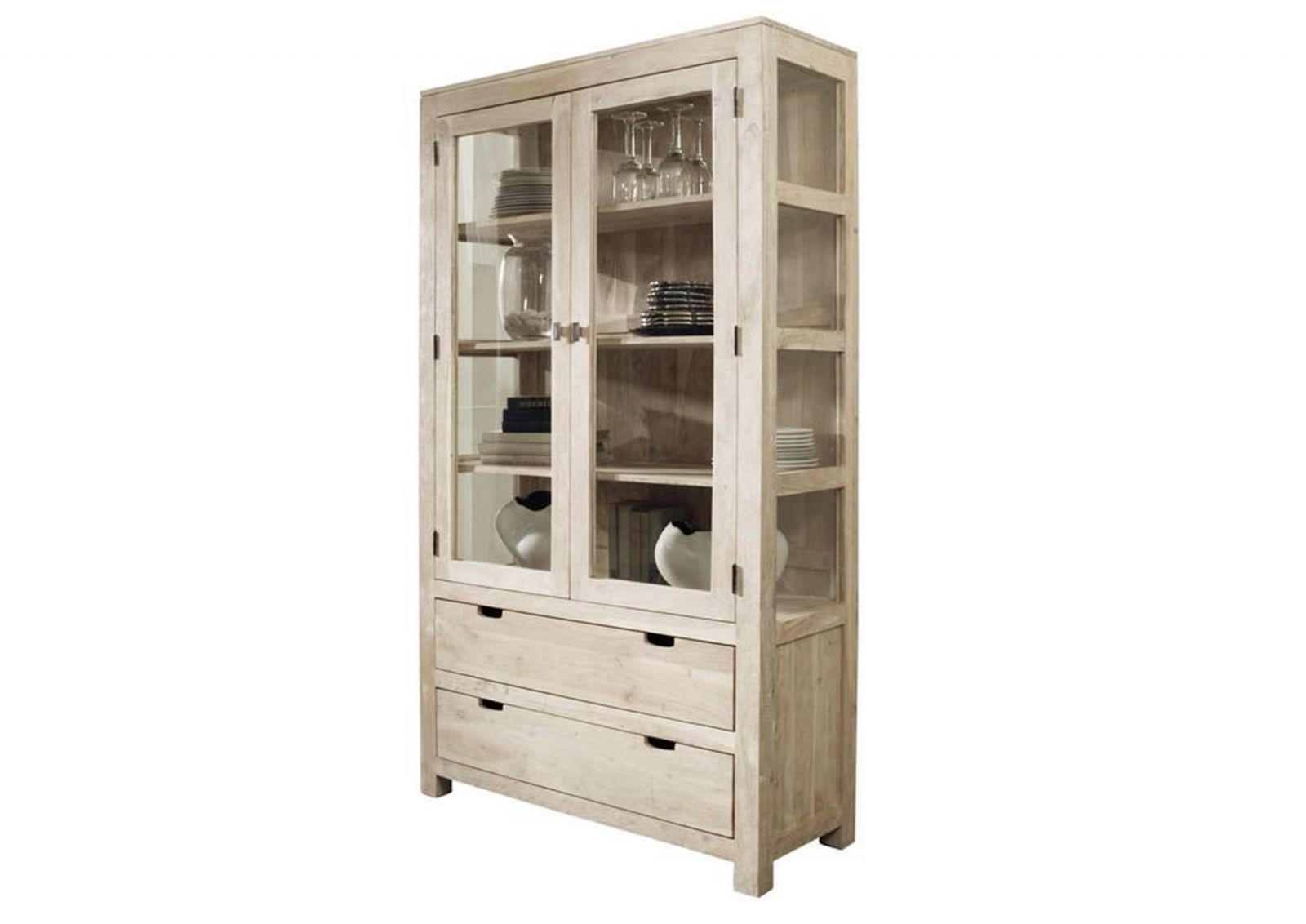 VITRINE Akazie 110x45x200 white stone getüncht NATURE WHITE #65 - Beige, Holz (110/200/45cm) - Massivmoebel24