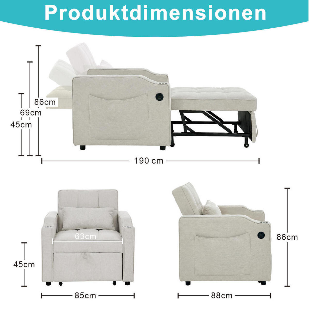 SCHLAFSESSEL 3-in-1 mit Liegefunktion 190 cm Holz/Stoff Beige - Beige, Holz (85/86/190cm) - Meubliv