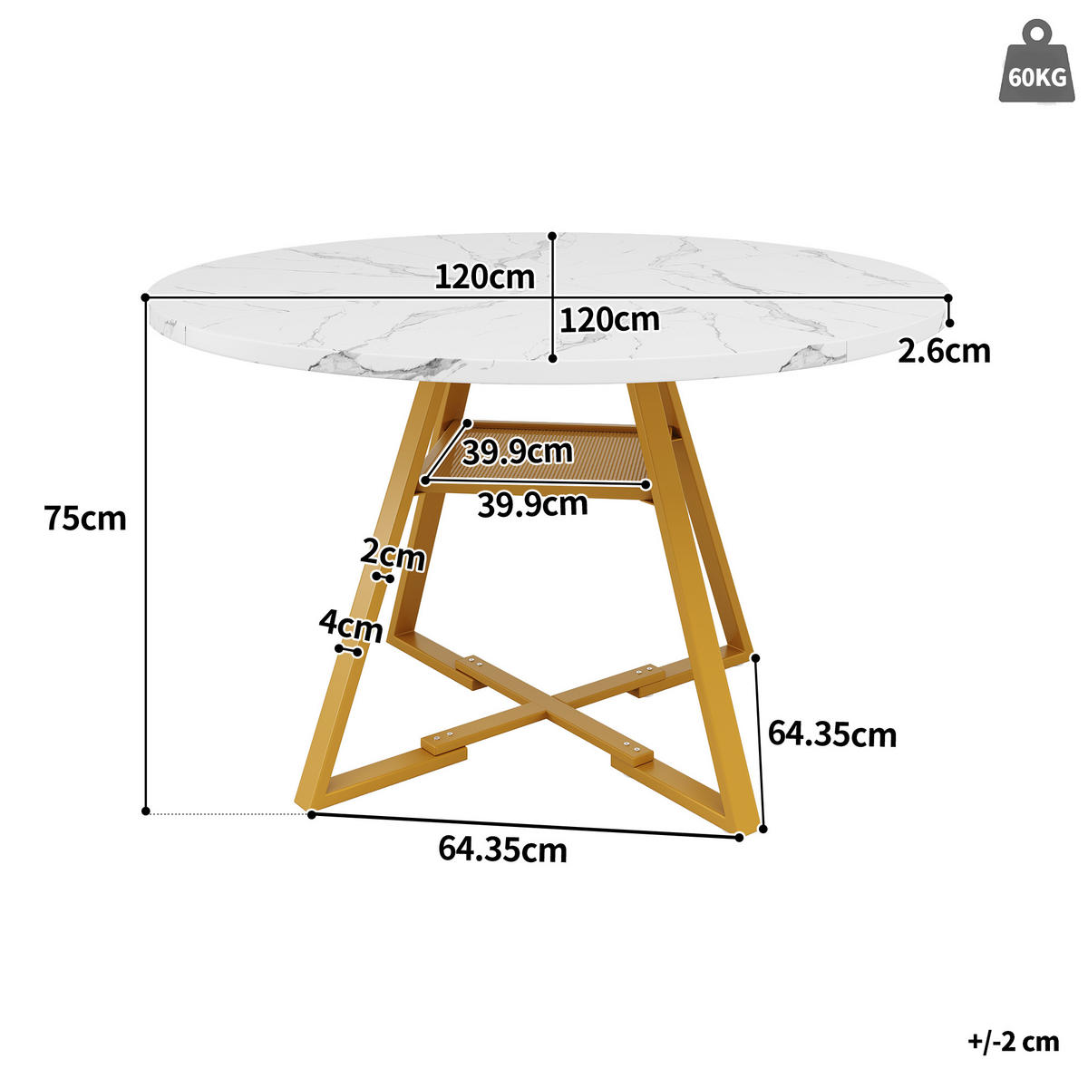 ESSTISCH rund 120/120/75 cm Weiß in Marmoroptik mit Metallgestell und Ablage - Weiß, Holzwerkstoff (120/120/75cm) - OKWISH