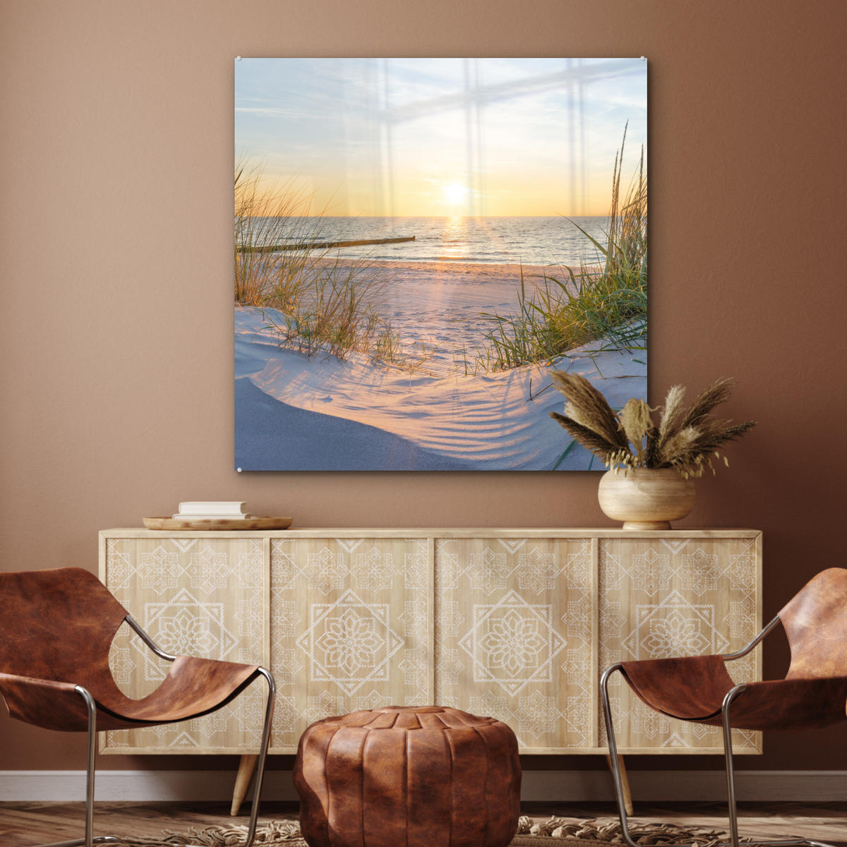 OBRAZ NA AKRYLOVOM SKLE Pláž - Slnko - Duny - Tráva - Piesok - Horizont 90x90 cm - svetlomodrá, sklo (90/90cm) - MuchoWow