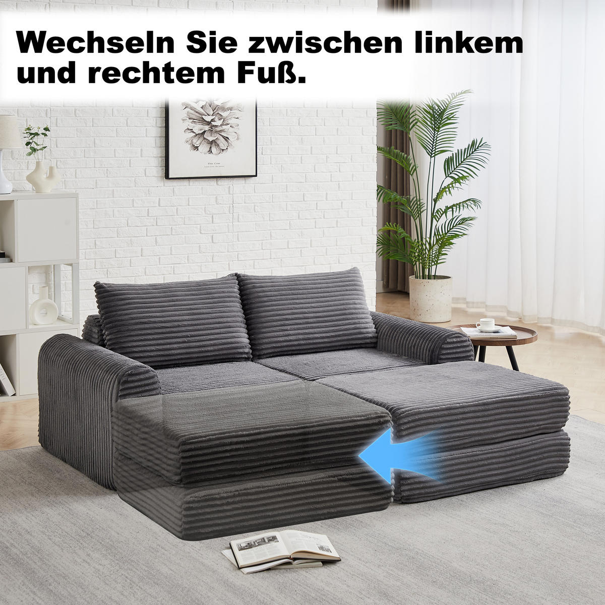 SCHLAFSOFA, Cord mit modularem Aufbau & abnehmbarer Fußstütze, 243/194/53 cm, Grau - Grau, Textil (243/53/194cm) - Redom