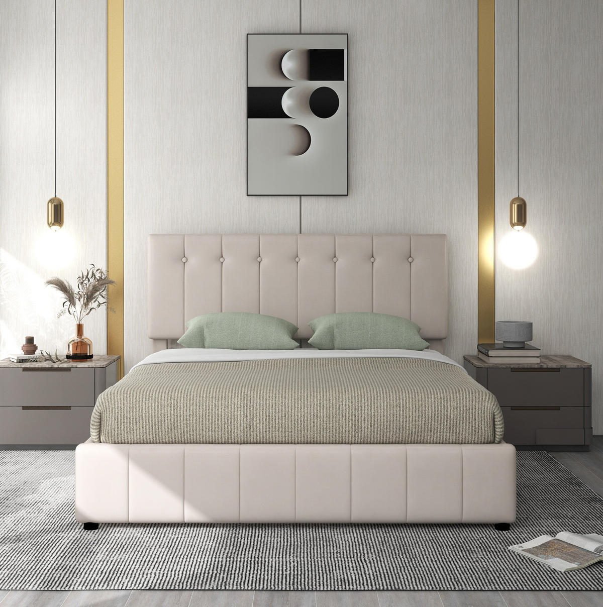 POLSTERBETT 140/200 cm Cremeweiß mit hydraulischem Bettkasten und höhenverstellbarem Kopfteil - Creme, Textil (140/200cm) - OKWISH