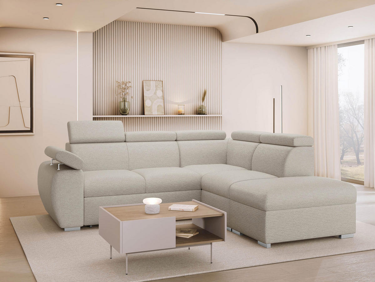 ECKSOFA Boston 2RR1P, Seite: Rechts 2R+R+1P(65)+PUFAP - Silberfarben/Creme, Holz/Textil (260/230cm) - MIRJAN24