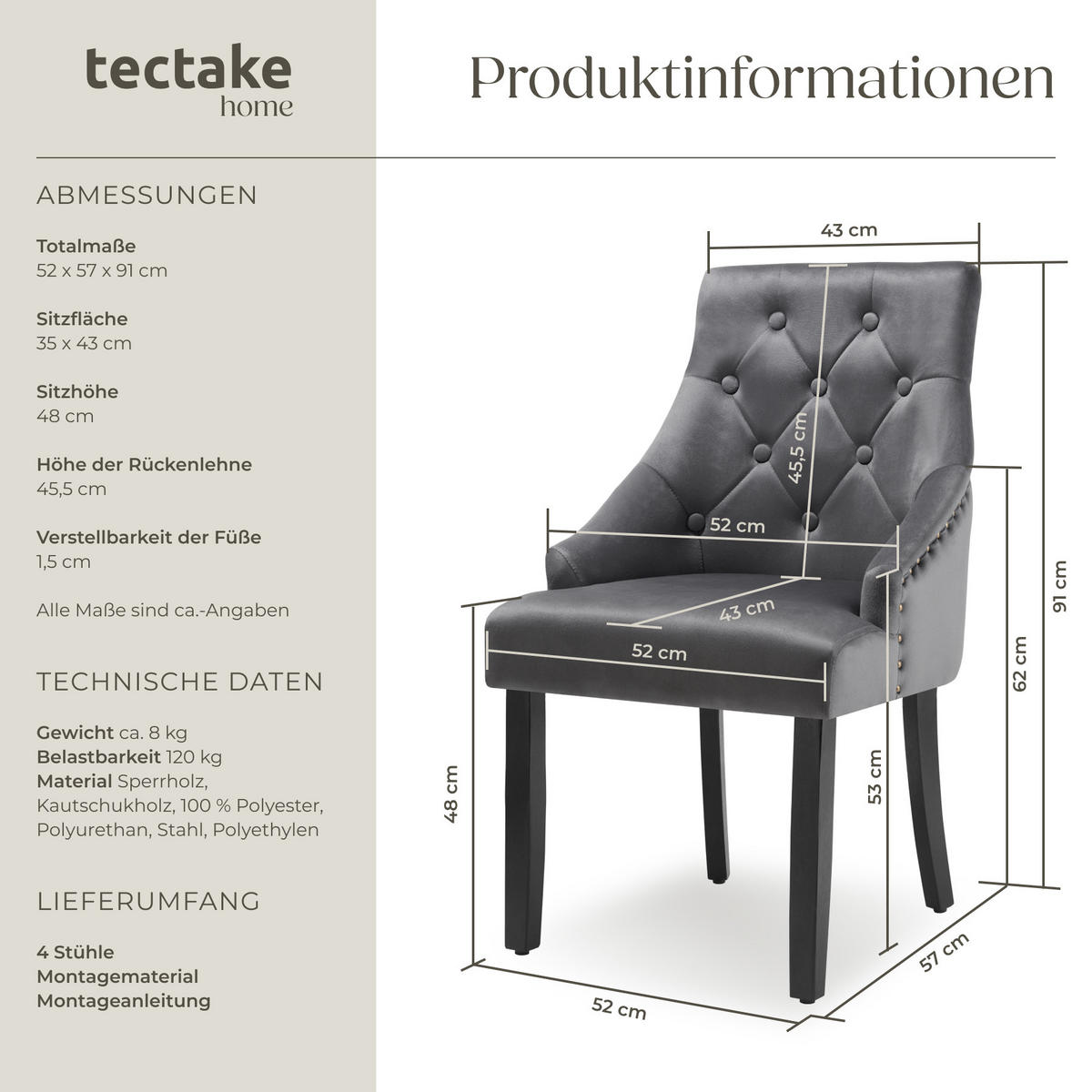 ESSZIMMERSTUHL 4er Set Everdeen,52 x 57 x 91 cm, dunkelgrau/schwarz - Dunkelgrau/Schwarz, Holz (52/91/57cm) - tectake